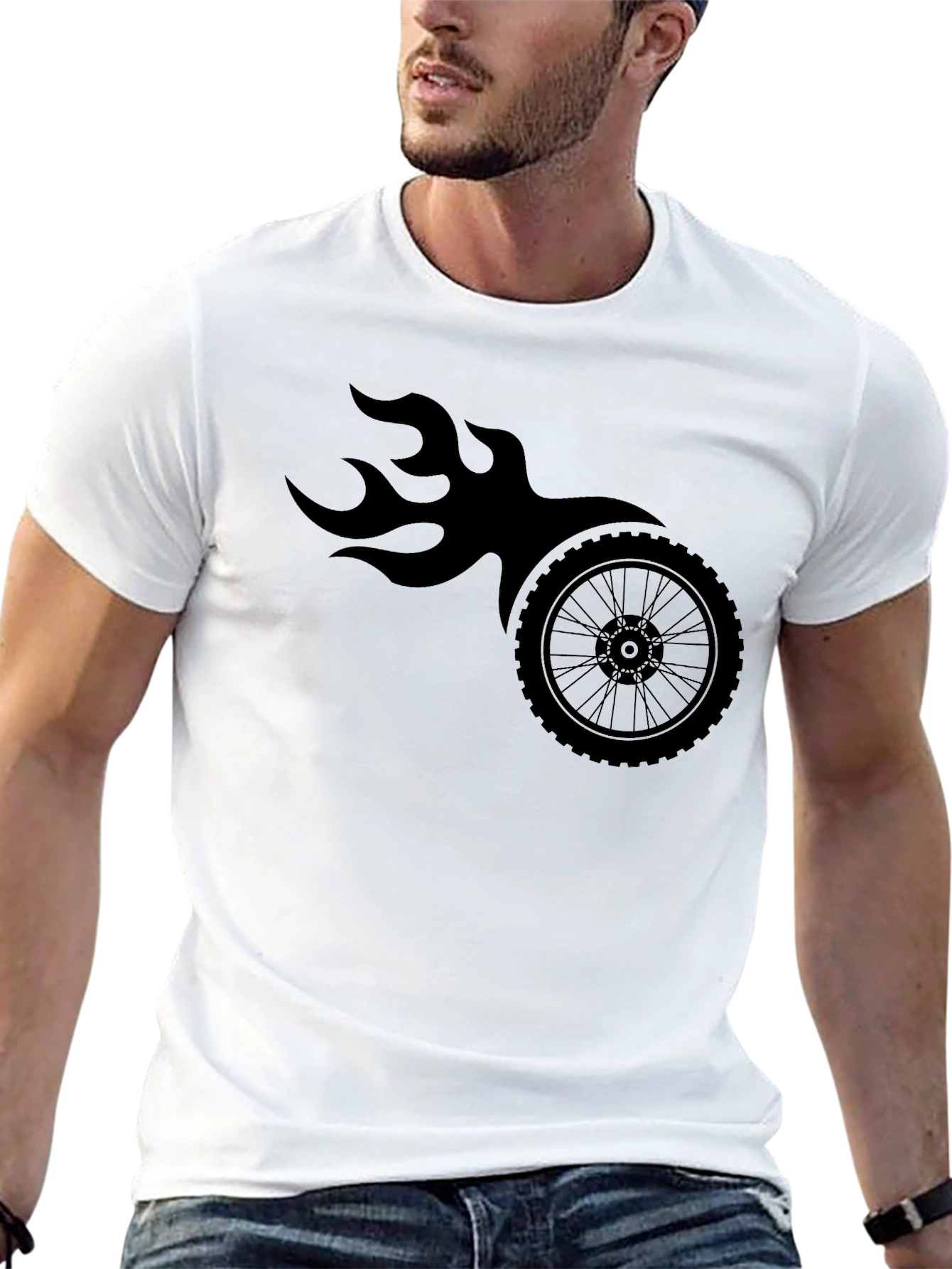 Mens Black Flaming Wheel Graphic T-Shirt