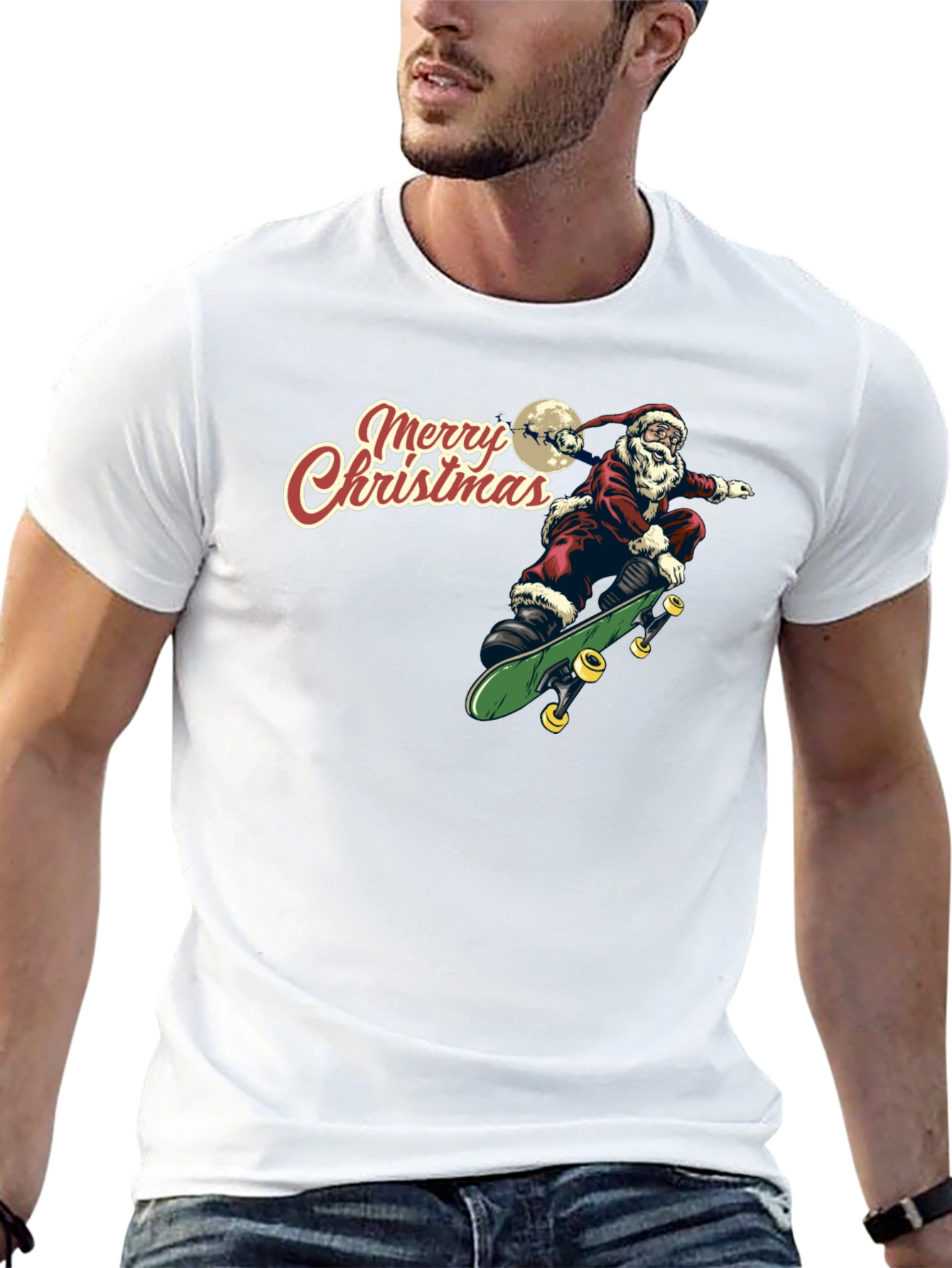Santa Skeleton Skateboard Merry Christmas Black T-Shirt