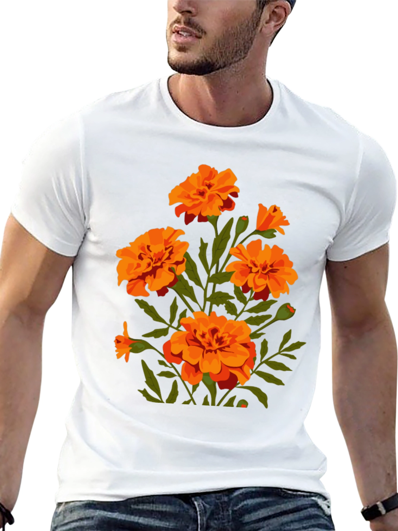 Black T-Shirt with Orange Flower Graphic Print