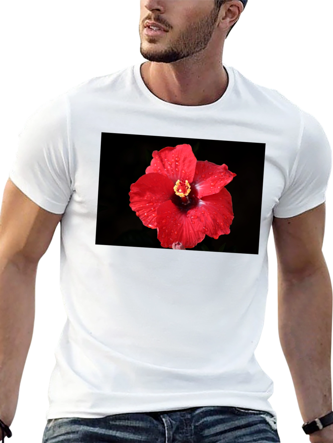 Red Hibiscus Flower T-Shirt - Black