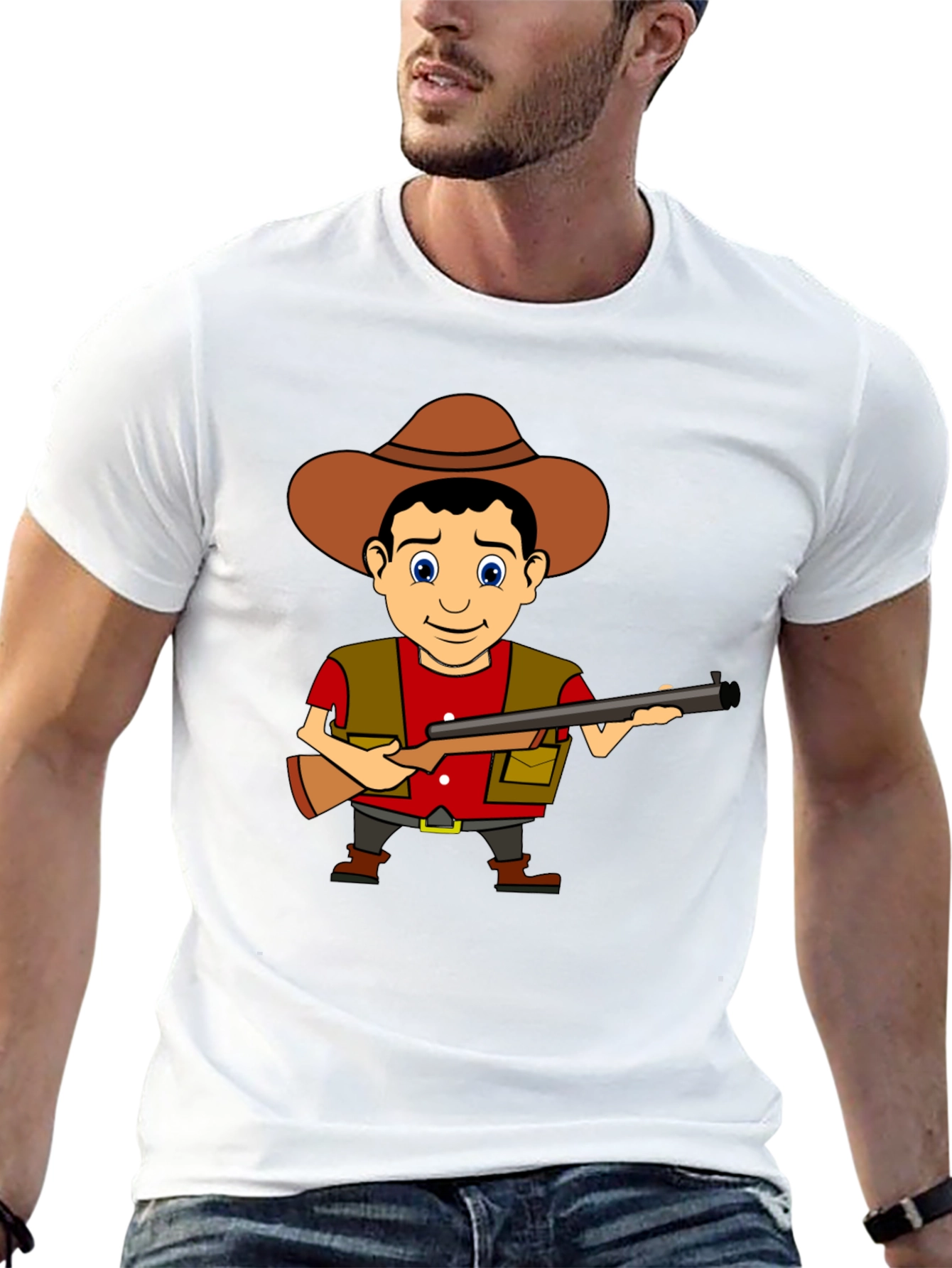 Cartoon Hunter Graphic Tee - Black Cotton T-Shirt