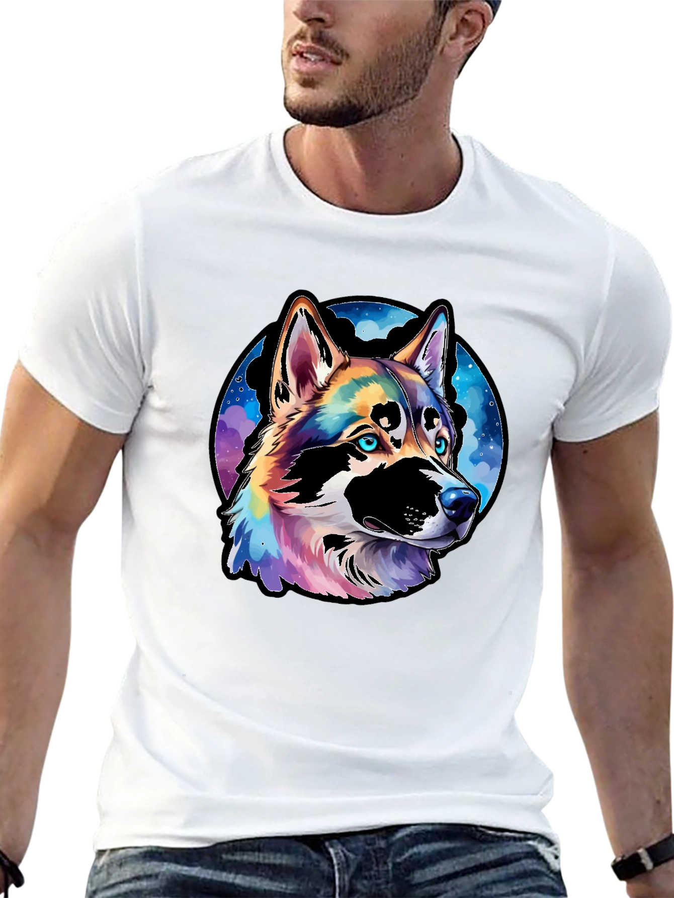 Vibrant Husky Dog Graphic Black T-Shirt