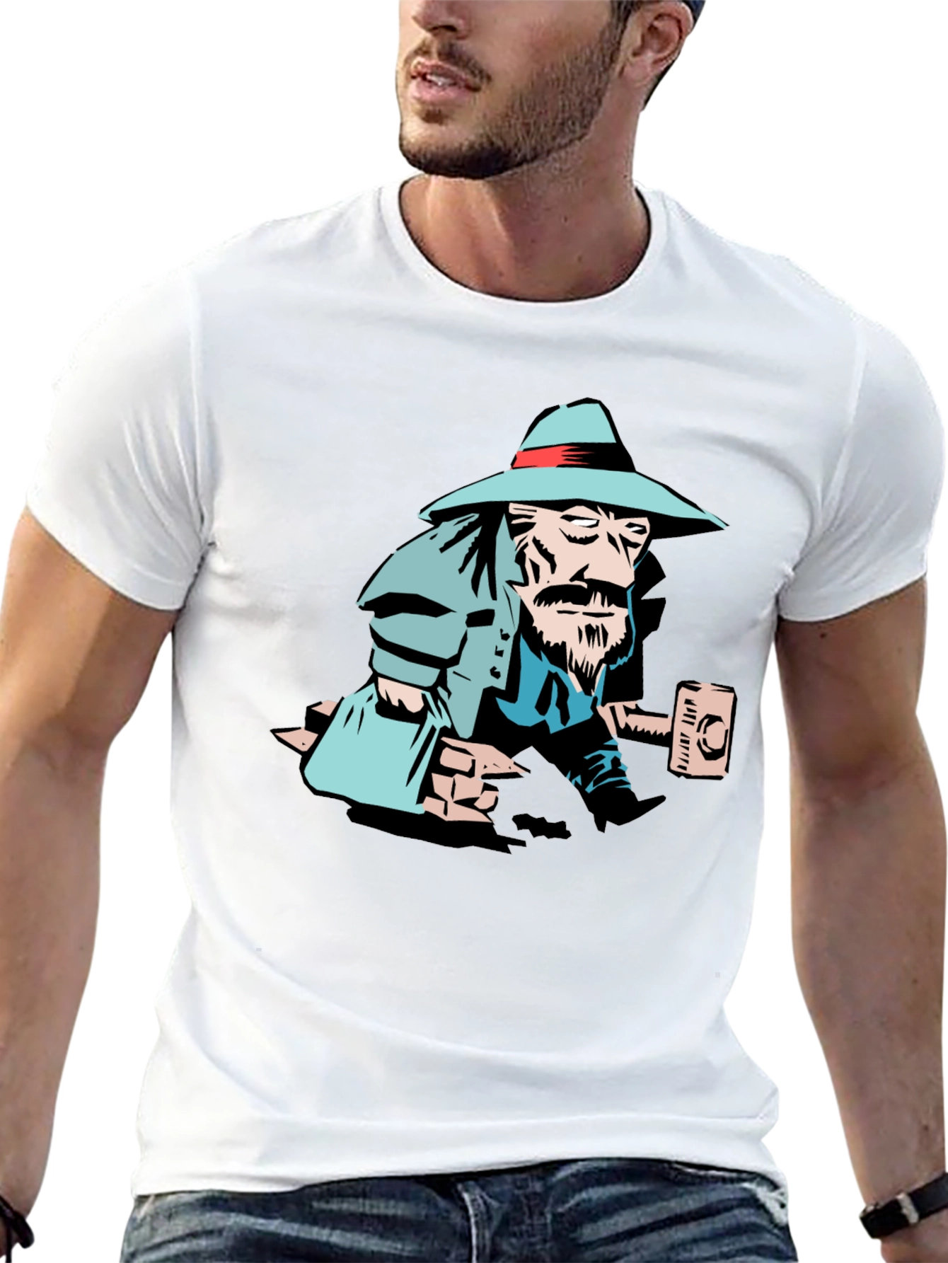 Black T-Shirt with Cartoon Carpenter Graphic