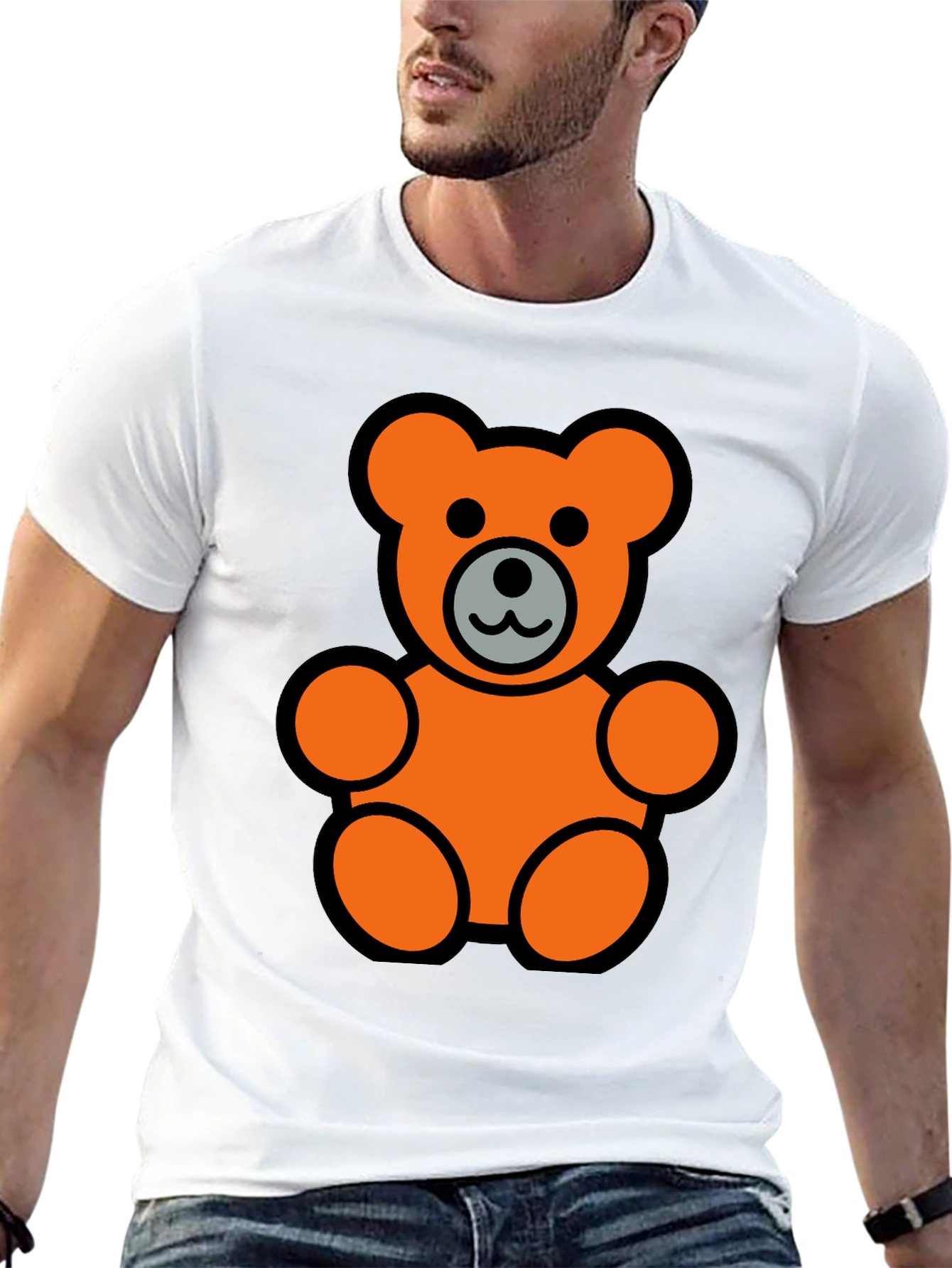 Orange Teddy Bear Graphic Black T-Shirt