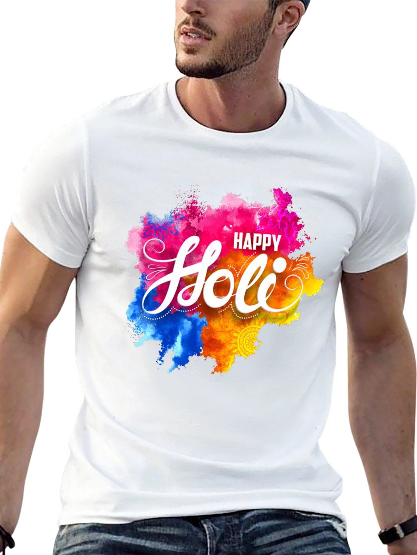 Happy Holi Graphic Tee - Black Crew Neck T-Shirt