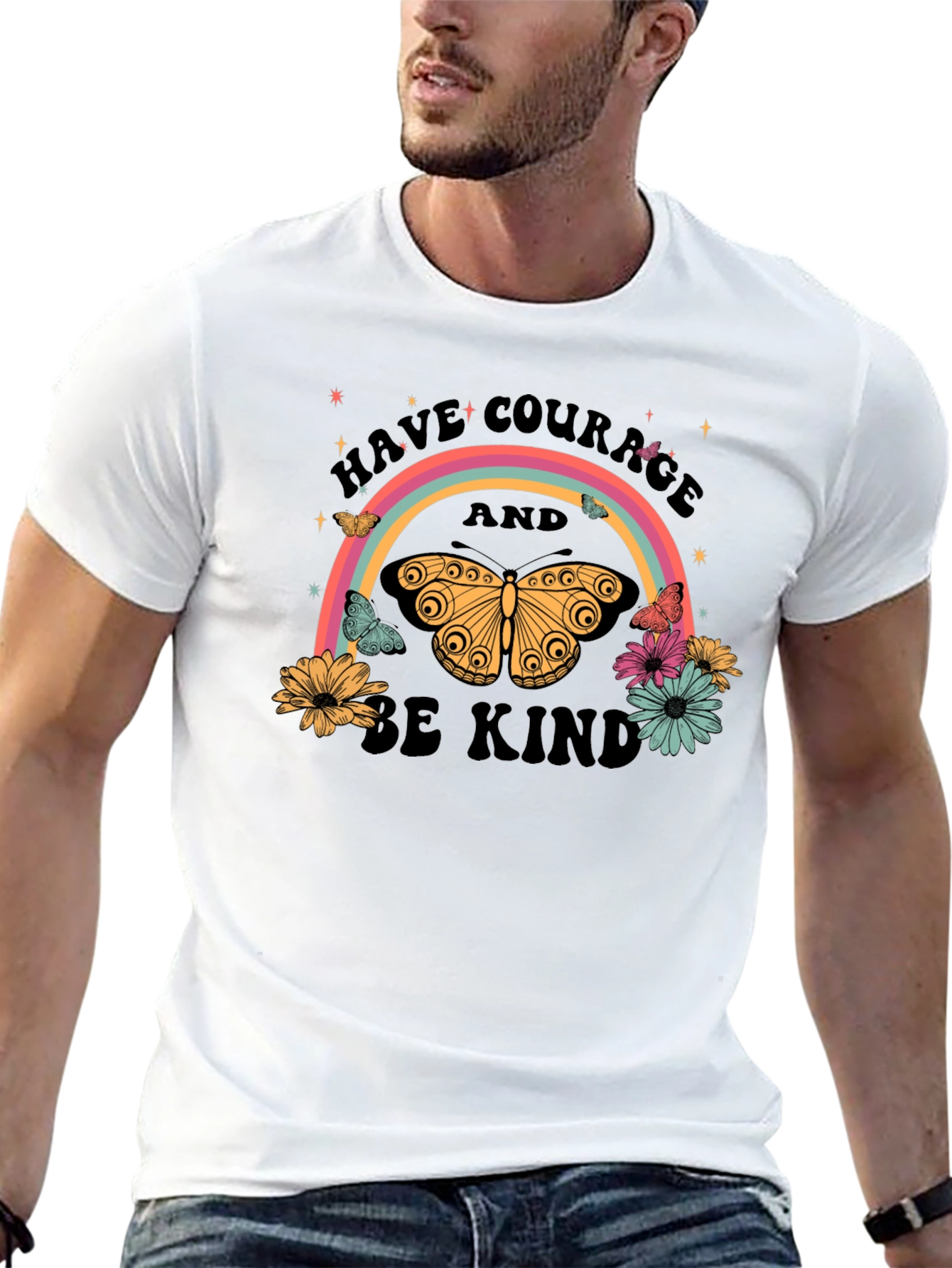 Courage & Kindness Butterfly Rainbow Graphic T-Shirt