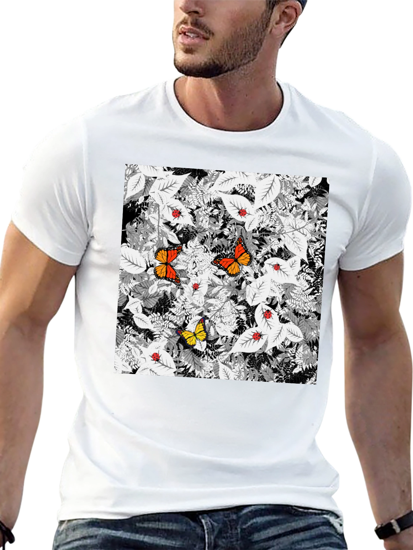 Butterfly & Ladybug Graphic Print Black T-Shirt
