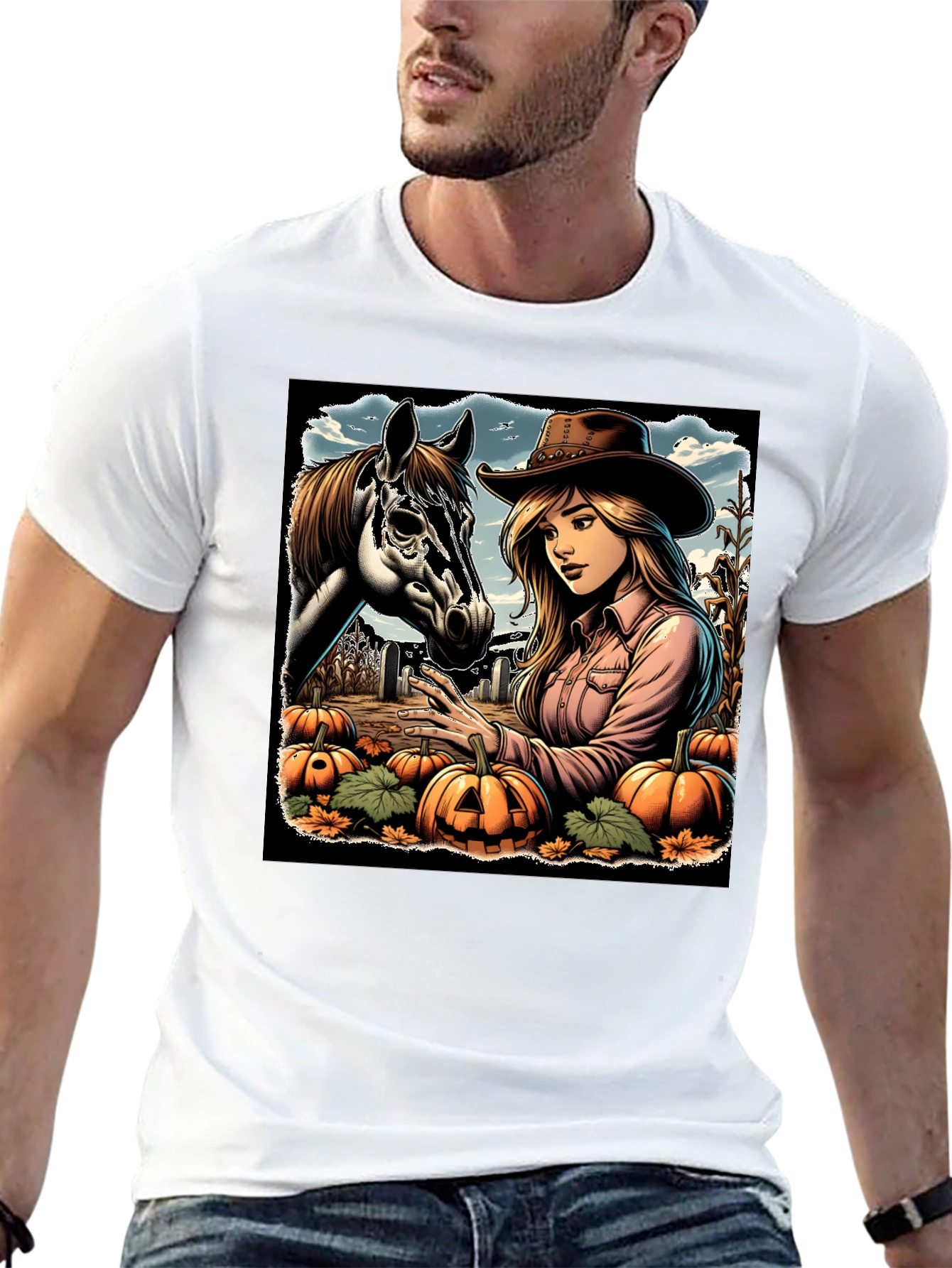 Cowgirl and Horse Pumpkin Patch Black Tee