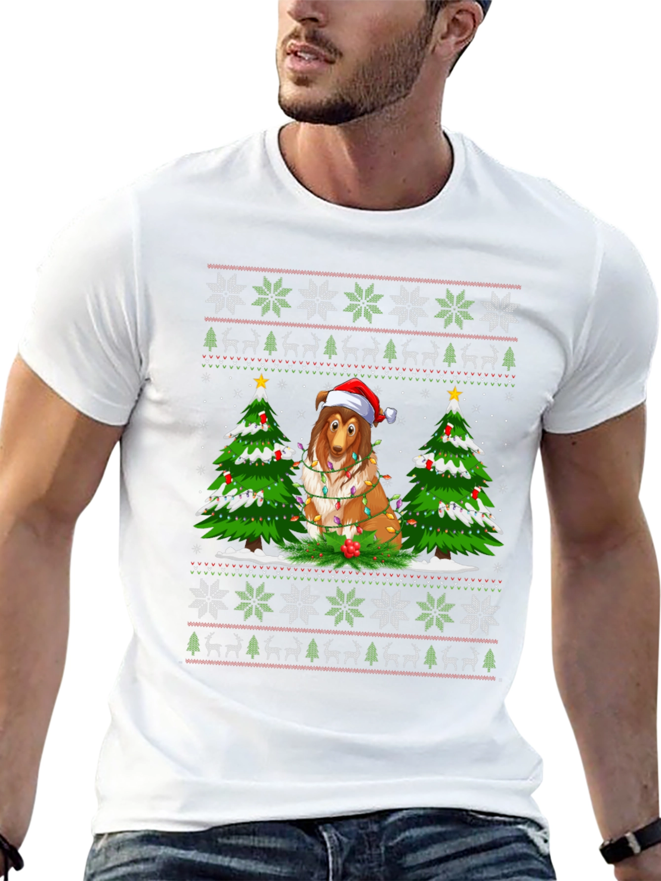 Festive Dog Christmas T-Shirt Ugly Sweater Style
