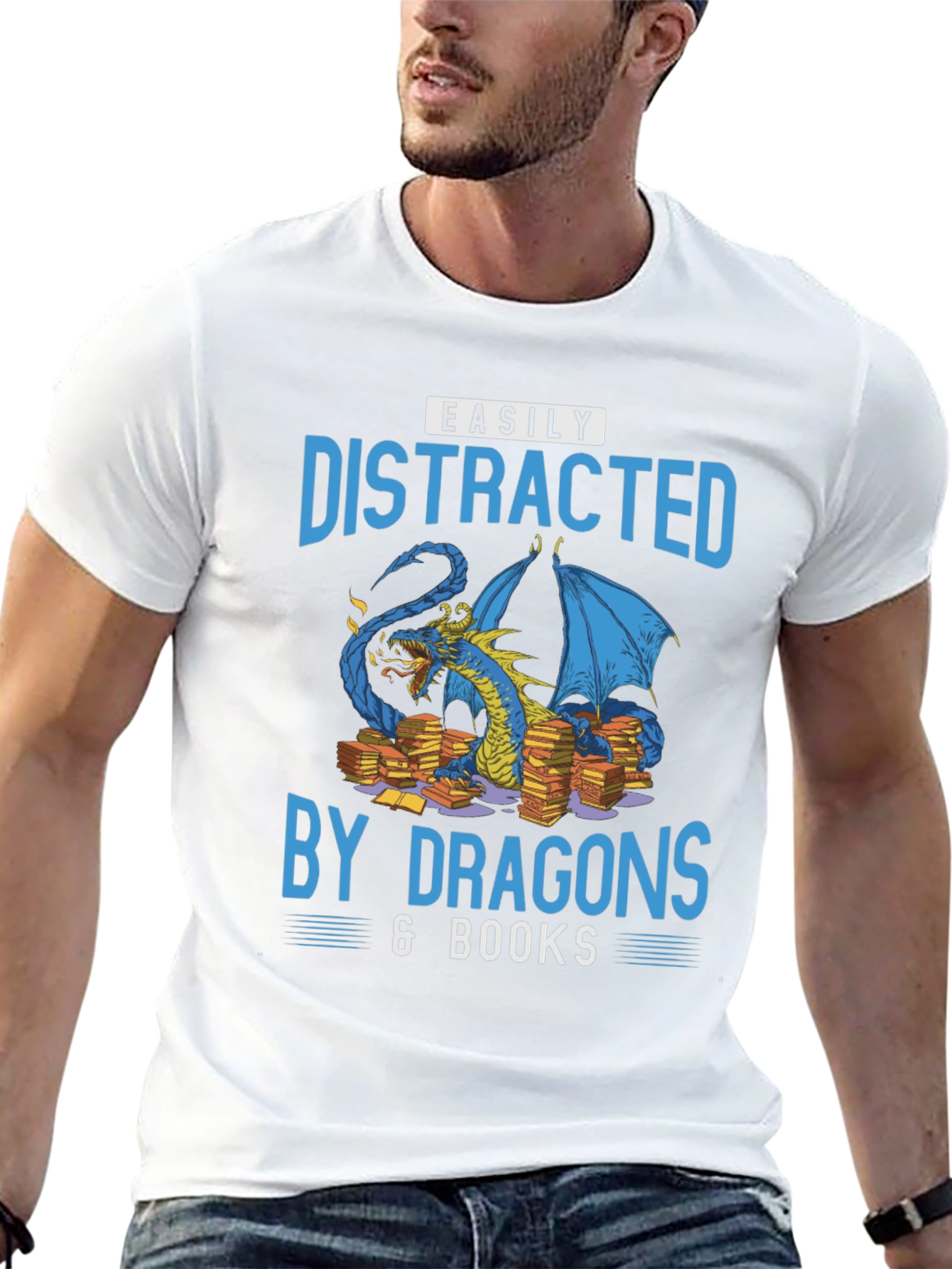 Easily Distracted By Dragons & Books Black T-Shirt