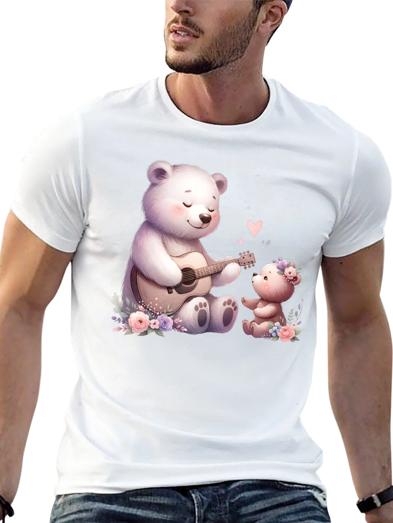 Cute Bears Playing Guitar on Black Tee