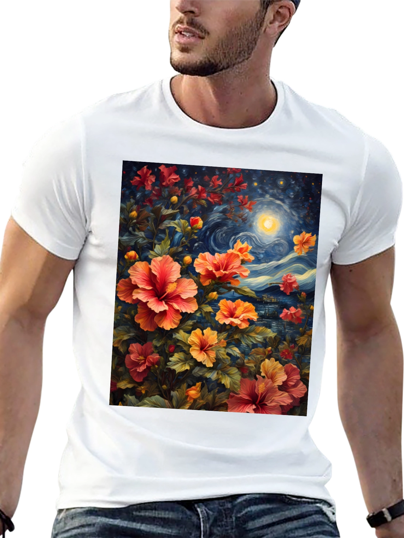 Floral Night Sky T-Shirt - Artistic Graphic Tee