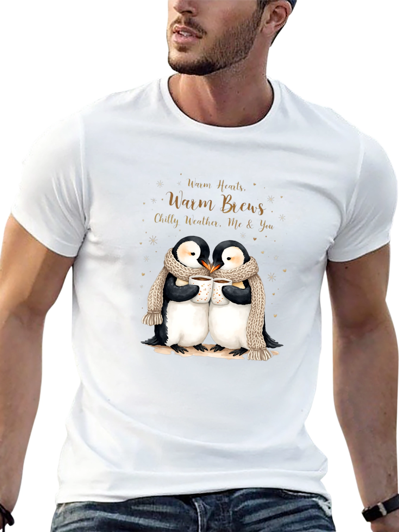 Penguin Love Black T-Shirt Warm Hearts Brews