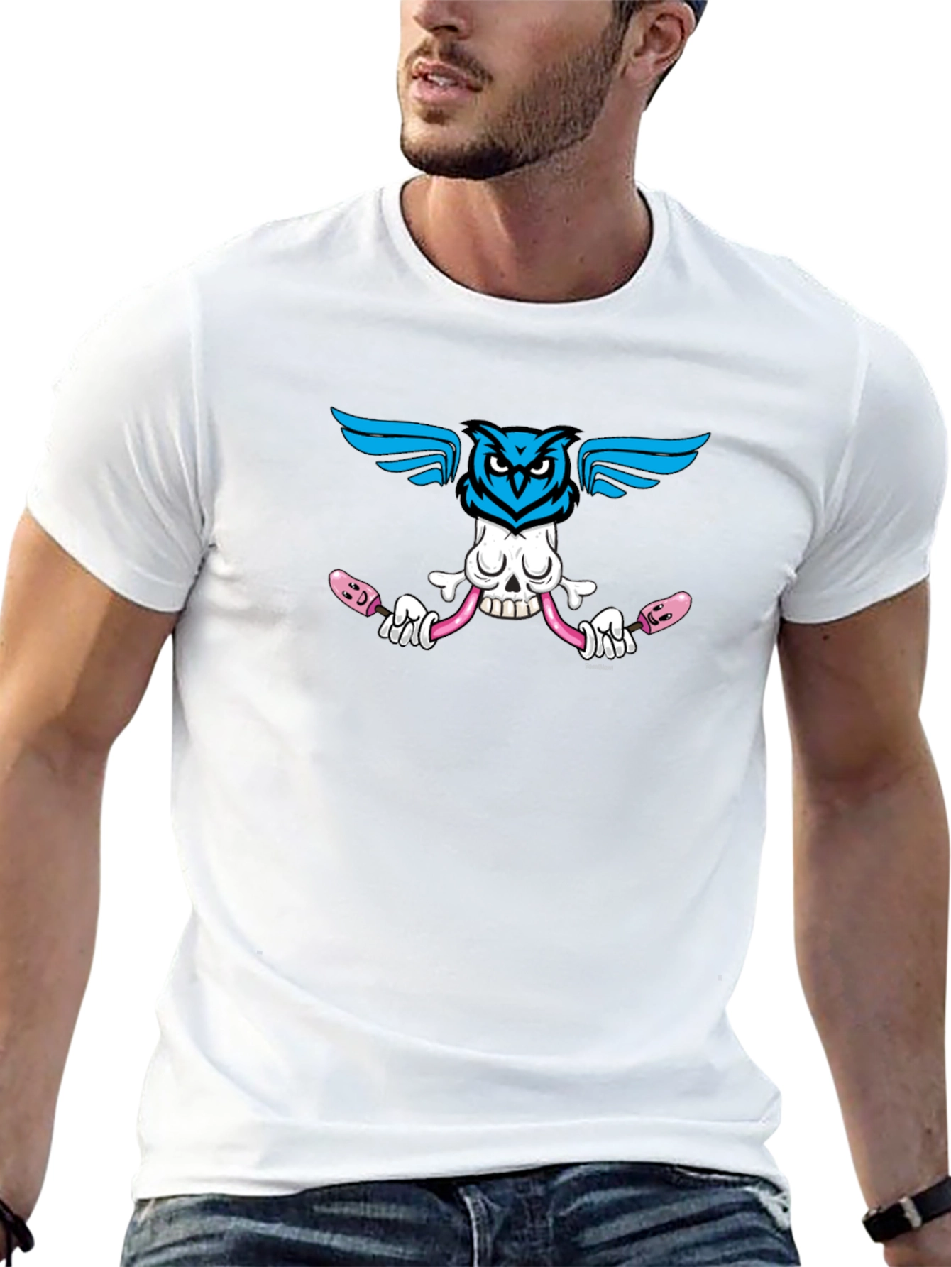 Skull Owl Graphic Print Black T-Shirt