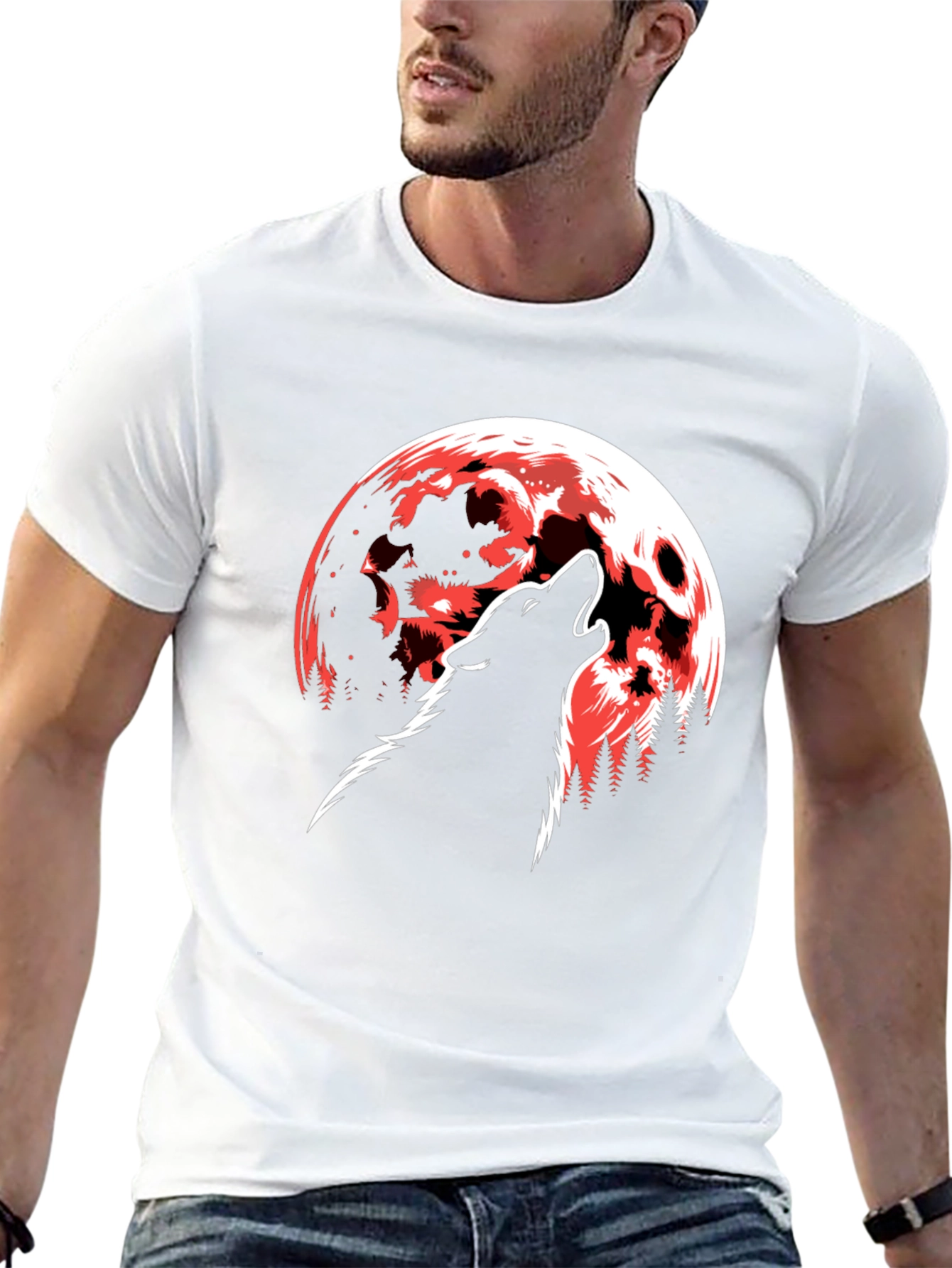 Wolf Howling at Red Moon Graphic T-Shirt - Black