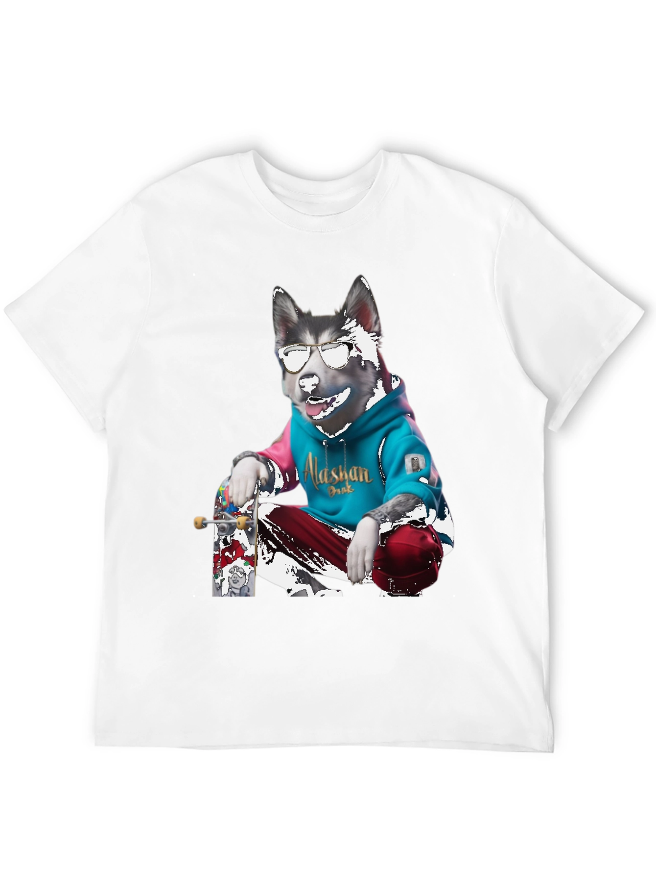 Cool Alaskan Skateboarding Dog Graphic T-Shirt