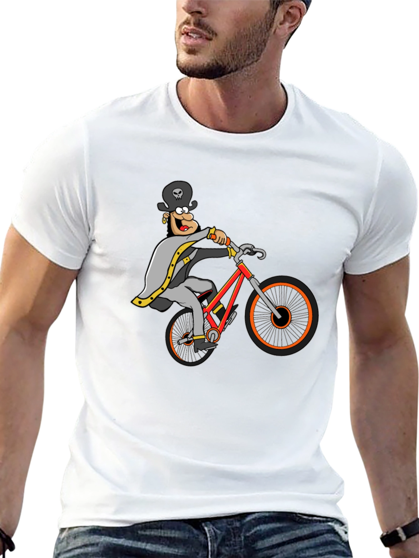 Black T-Shirt with Cartoon Cyclist Graphic