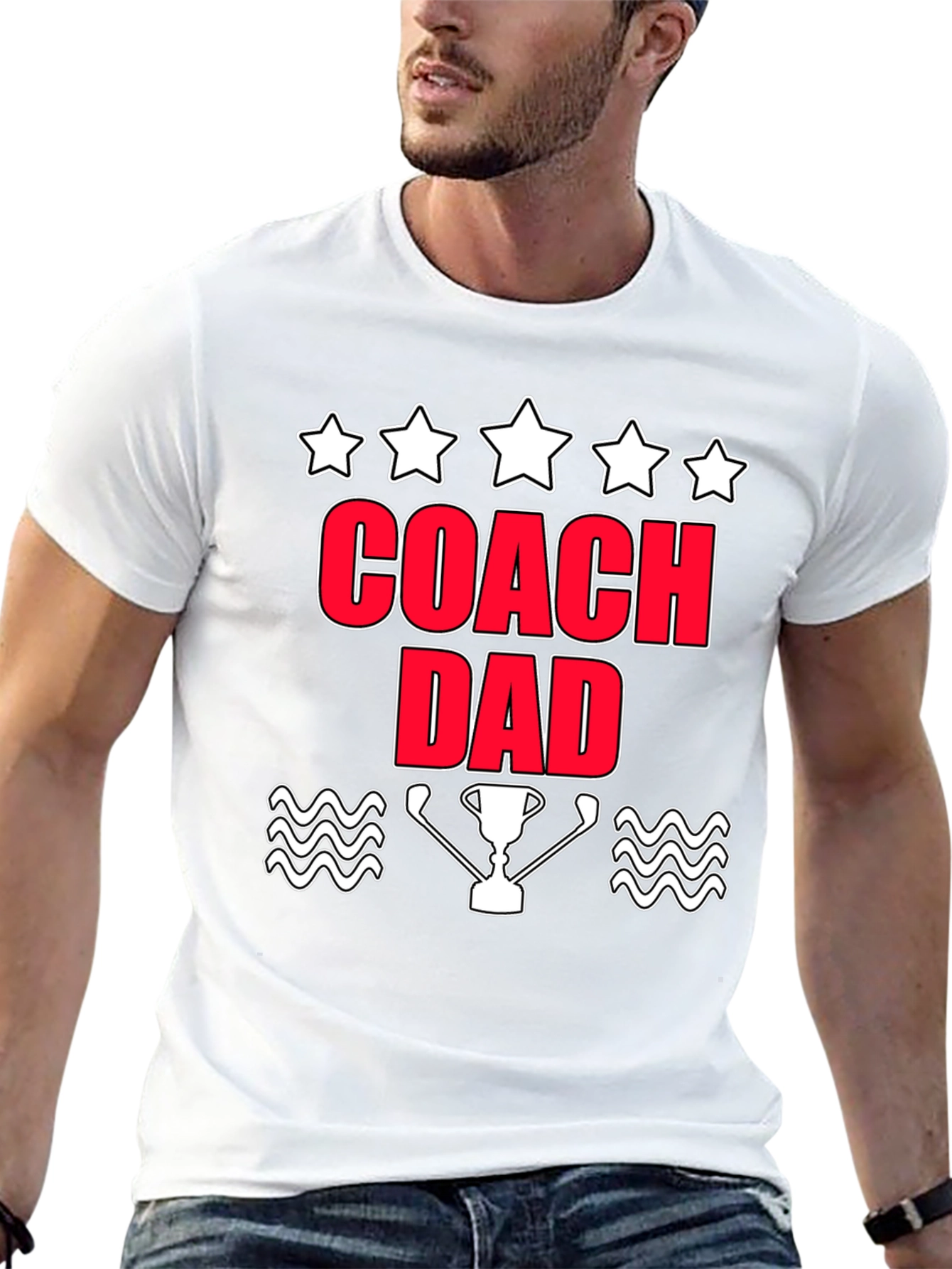Coach Dad T-Shirt with Trophy & Stars Graphic Tee