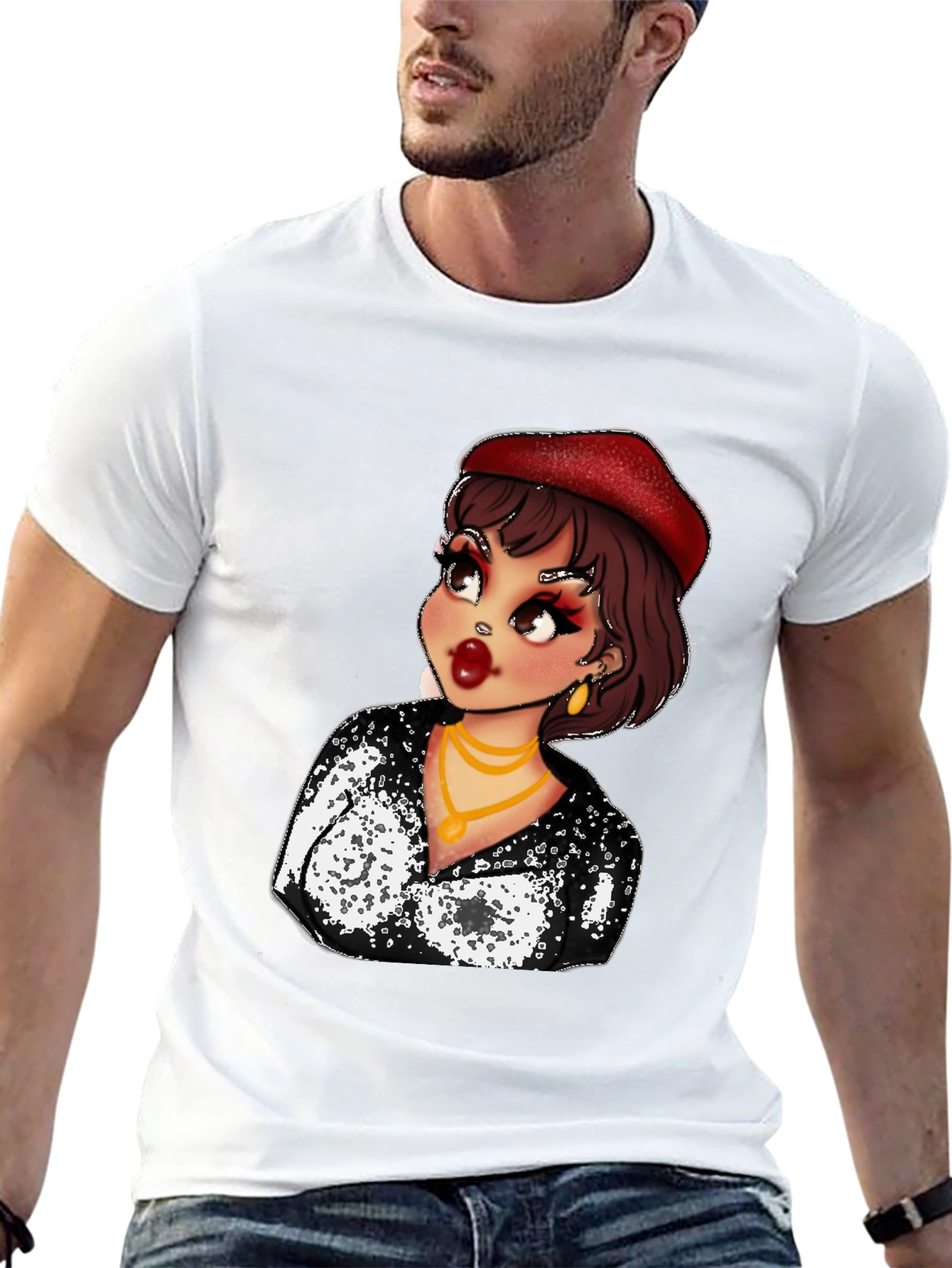 Cartoon Woman Graphic Tee - Black