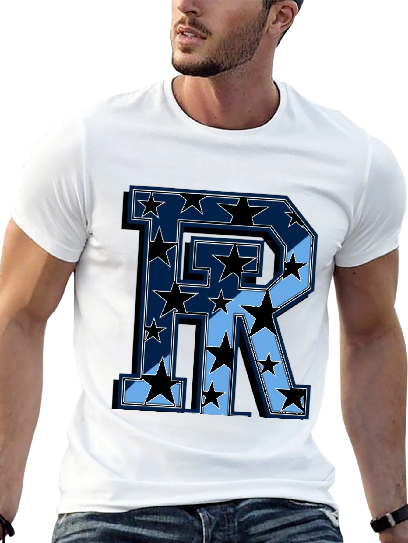 Starry Letter R Graphic Print Mens Black T-Shirt
