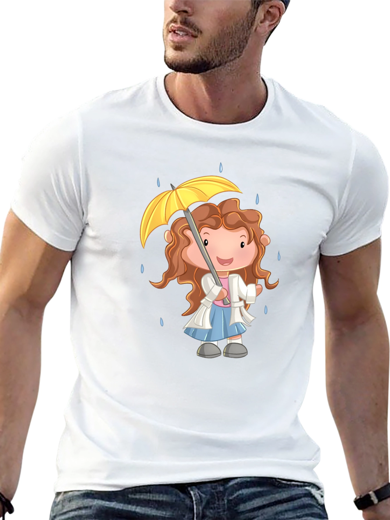 Cartoon Girl Umbrella Graphic Black T-Shirt
