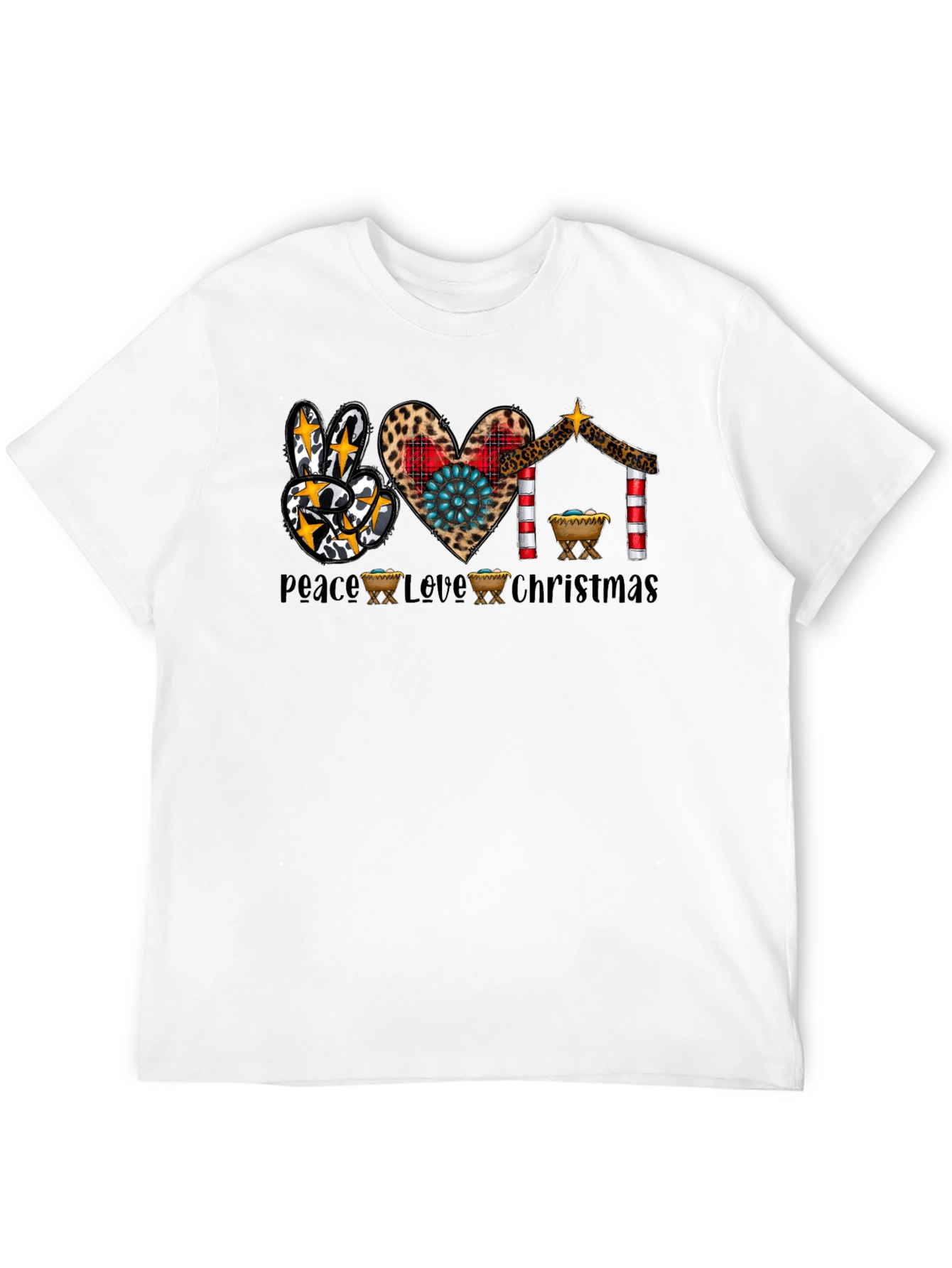 Peace Love Christmas T-Shirt Nativity Leopard Print