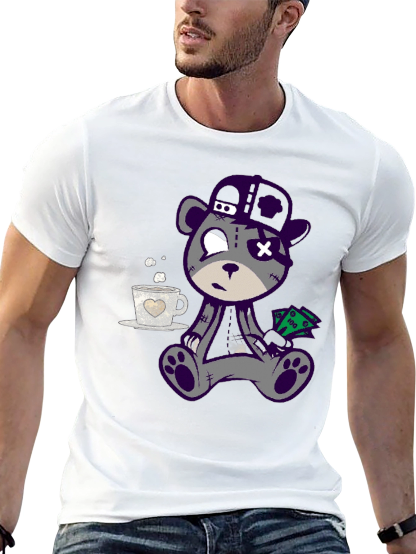 Cool Cartoon Bear Graphic Print Black T-Shirt