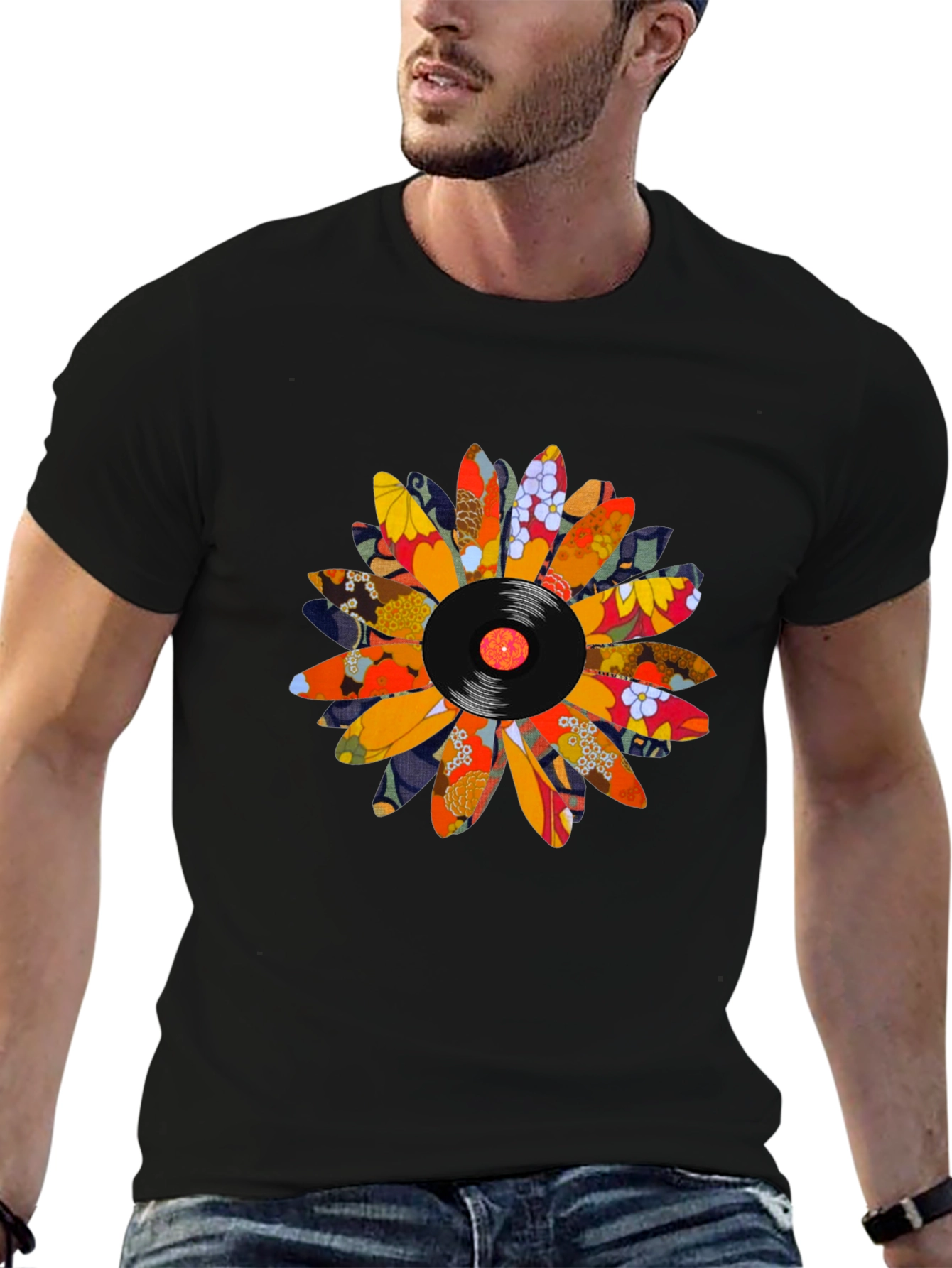 Retro Vinyl Flower Graphic Tee - Black Cotton Blend