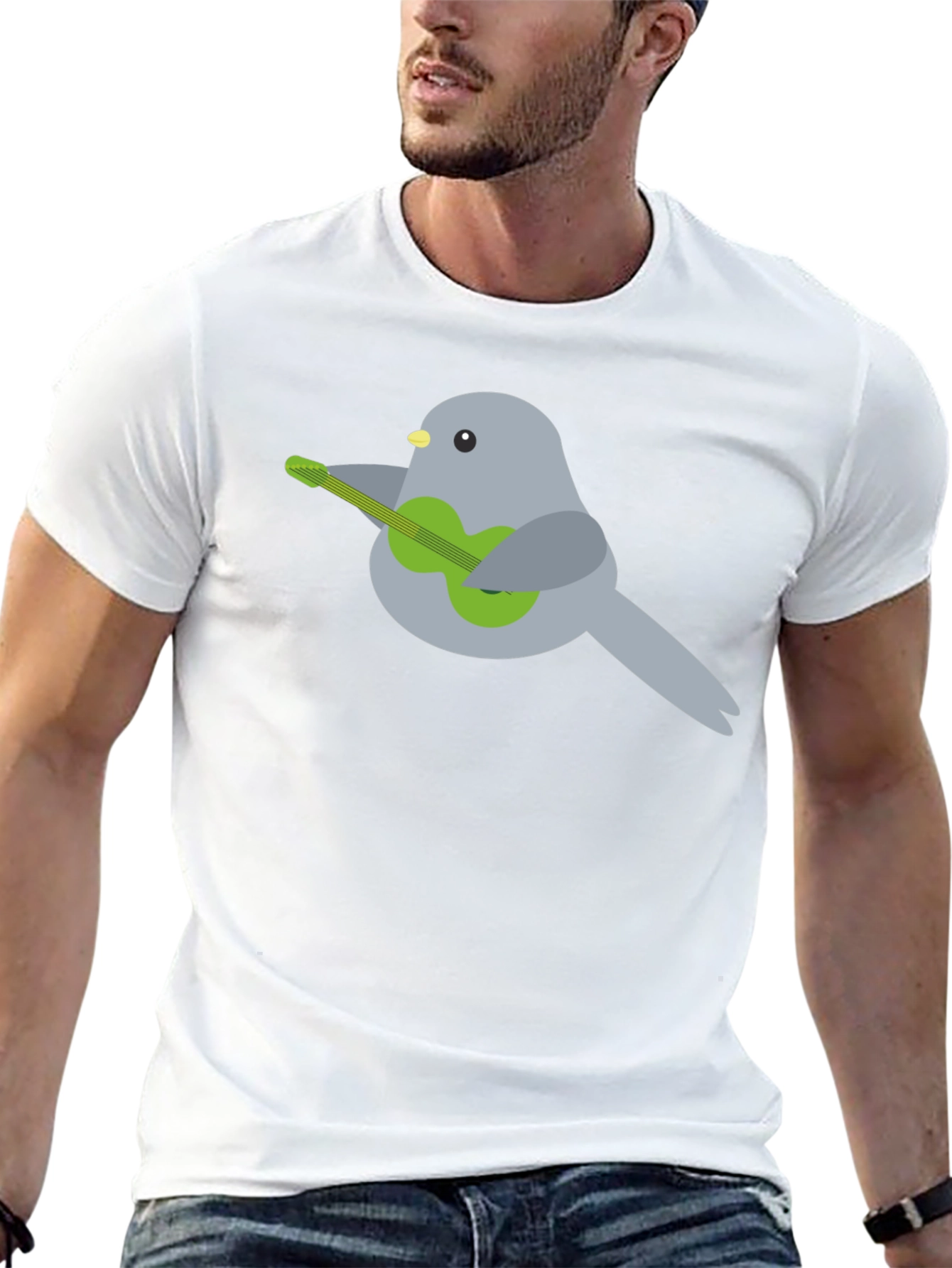 Bird Playing Guitar Graphic Tee - Black Cotton T-Shirt