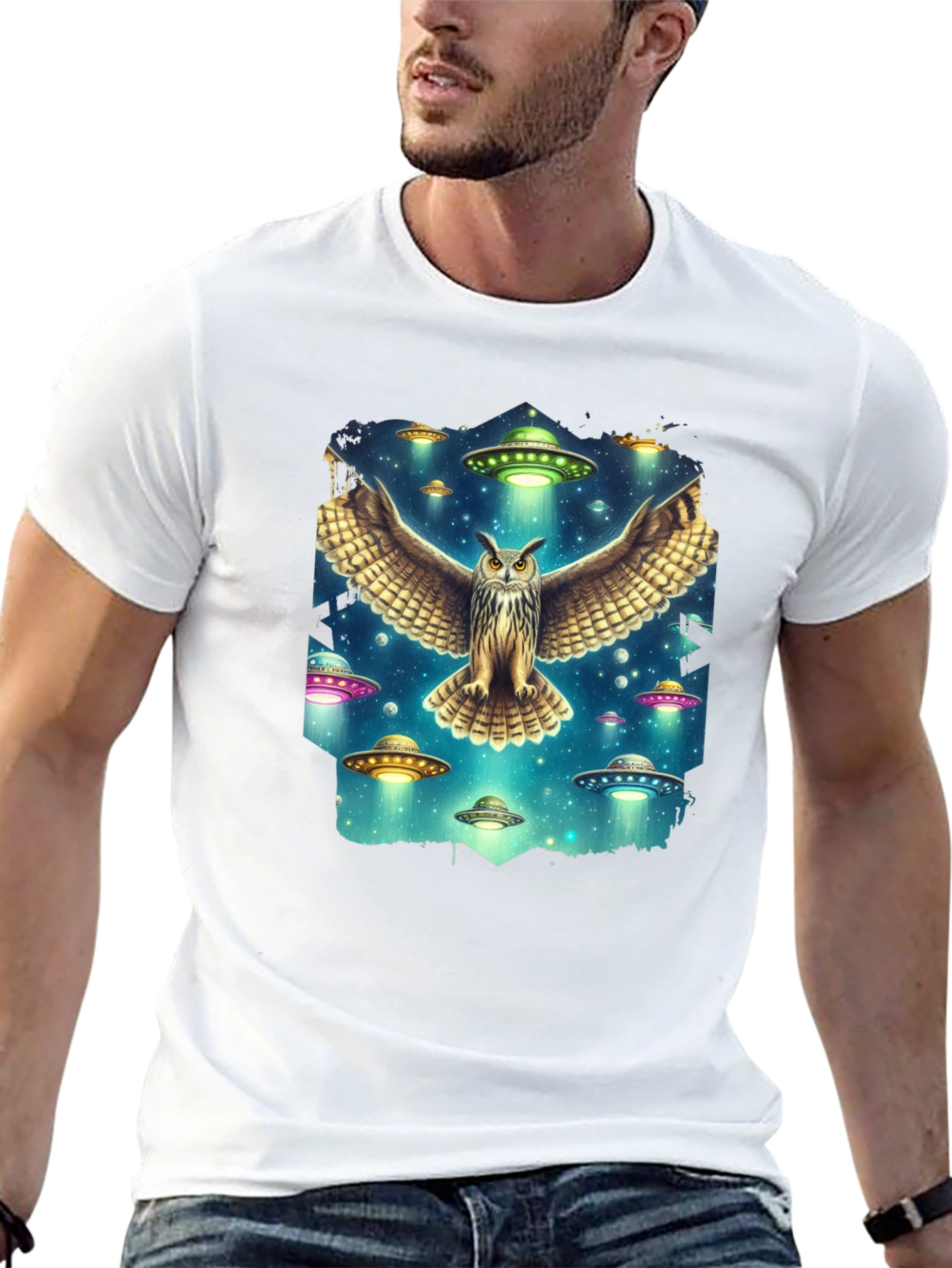 Owl and UFO Graphic Tee - Black