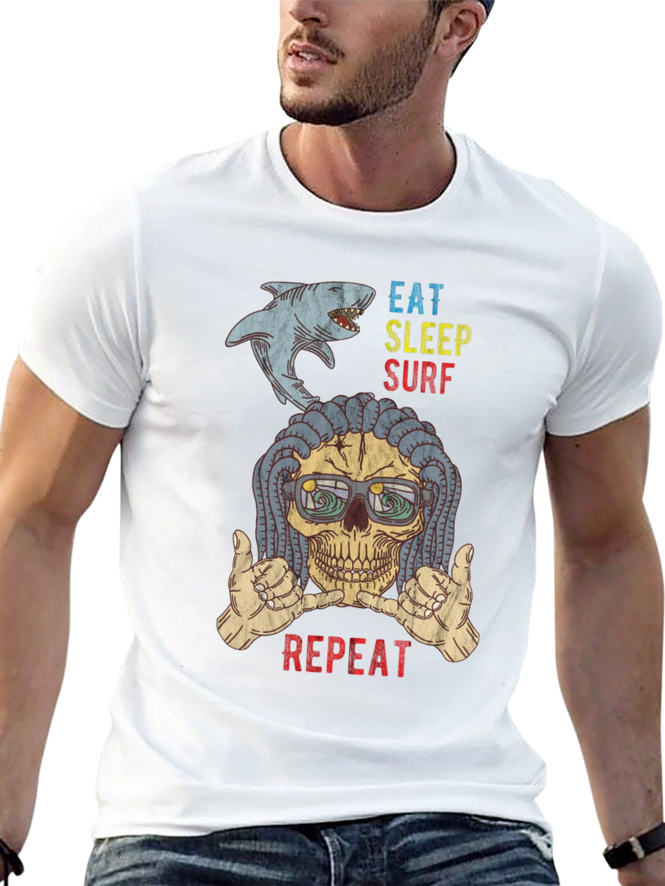 Eat Sleep Surf Repeat Skull Graphic T-Shirt