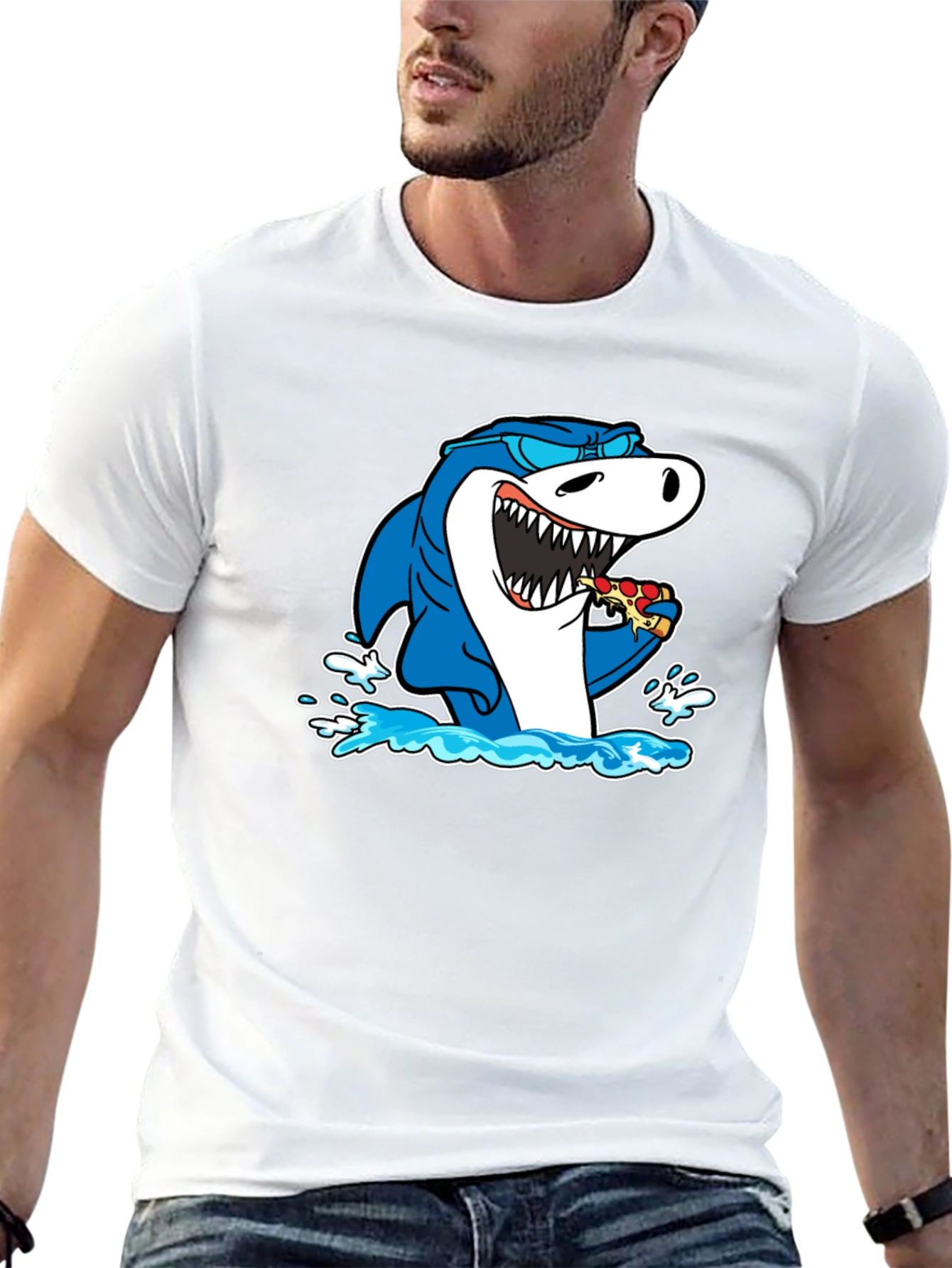 Shark Eating Pizza T-Shirt - Black Cotton Graphic Tee