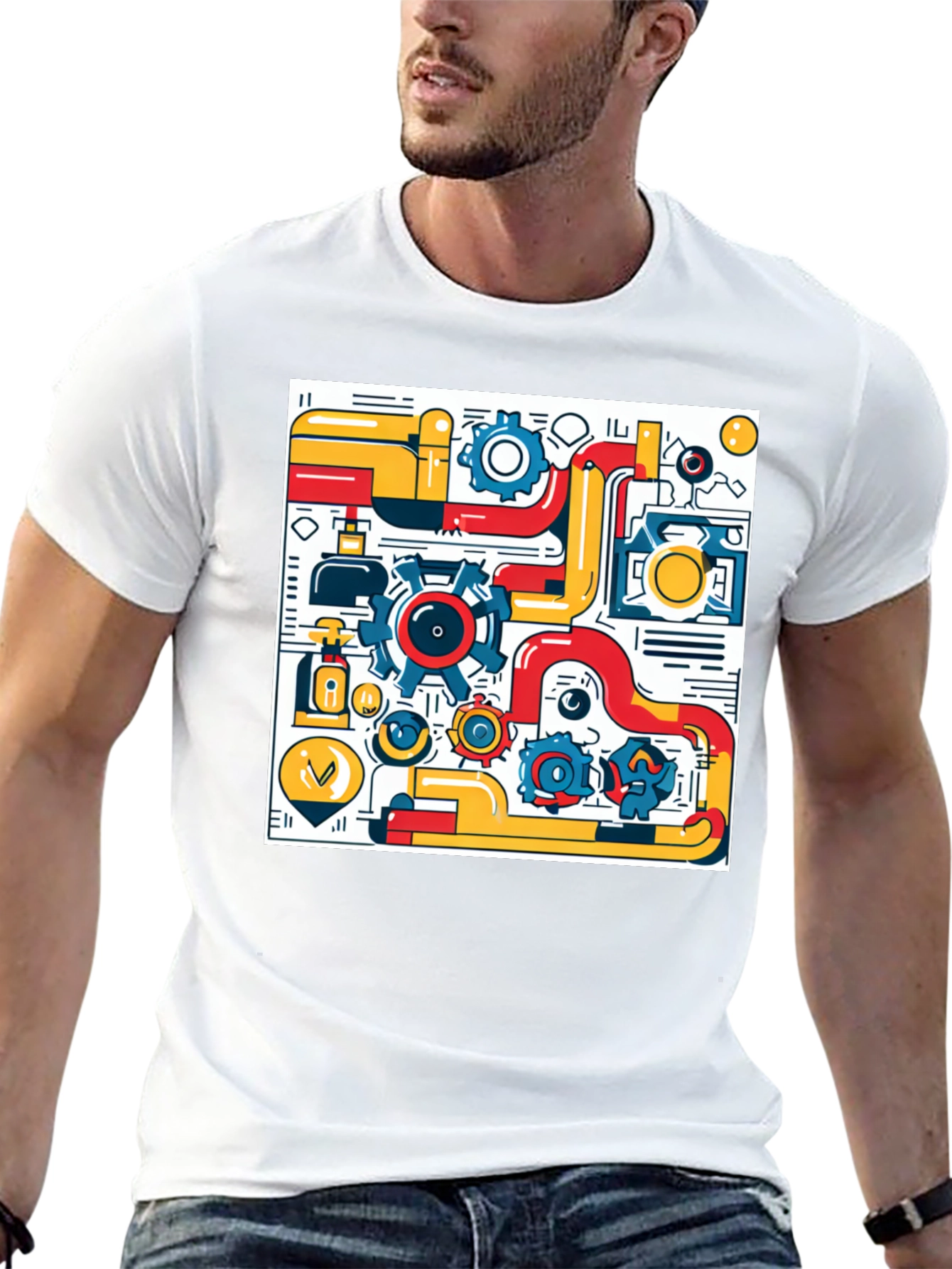 Geometric Machinery Graphic Tee - Modern Black T-Shirt