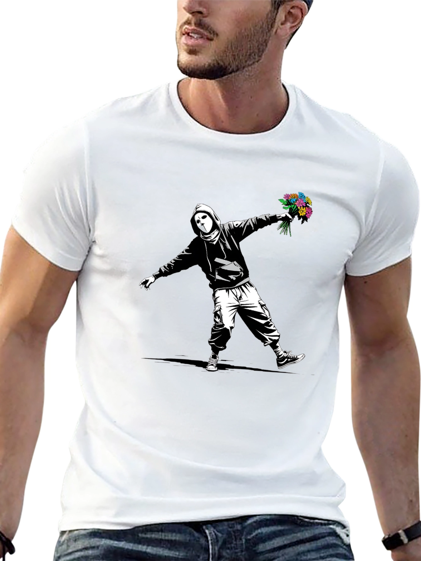 Banksy Flower Bomber Graphic Tee - Street Art Style