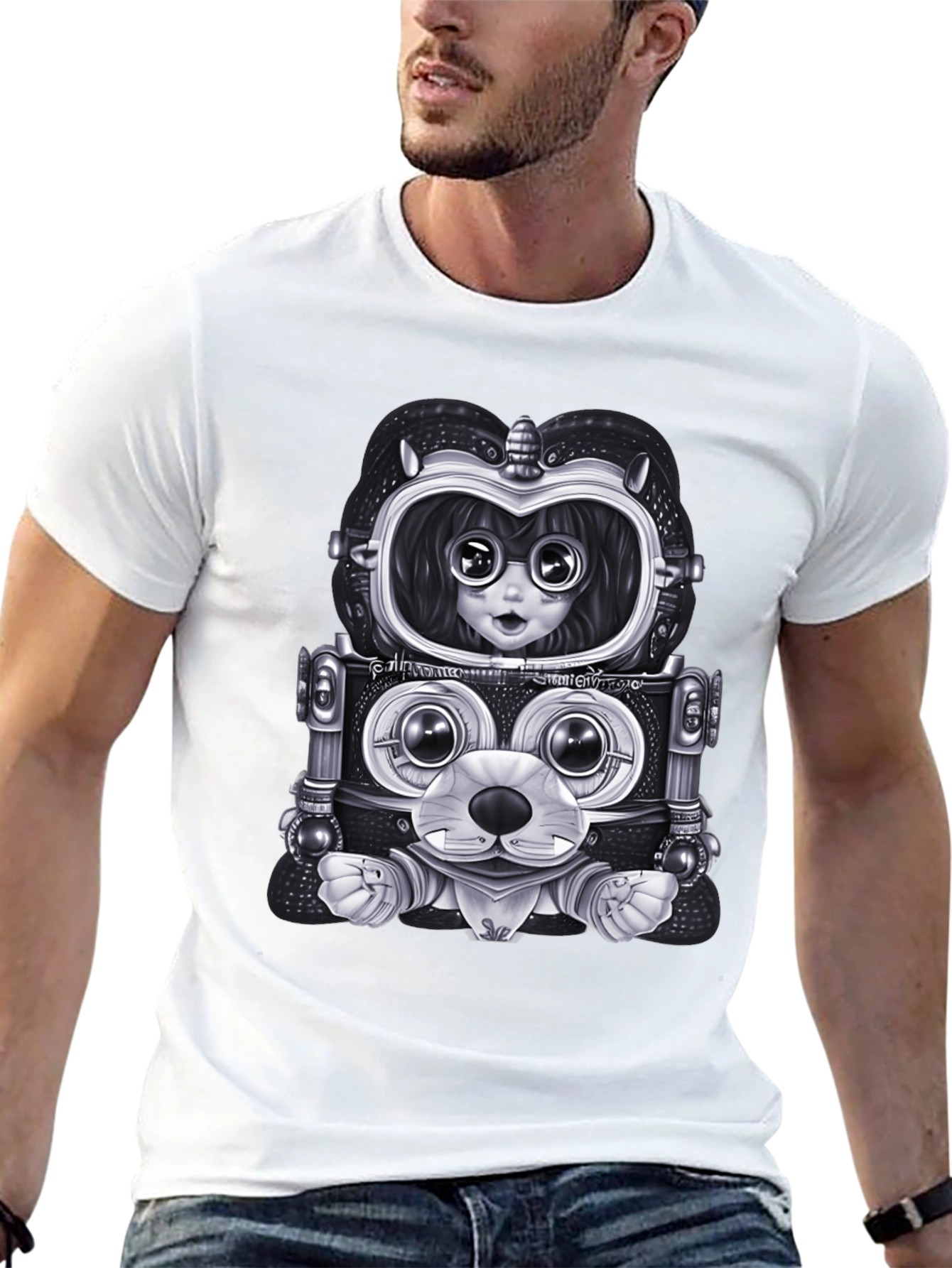 Robot Anime Graphic Tee - Mens Black Shirt