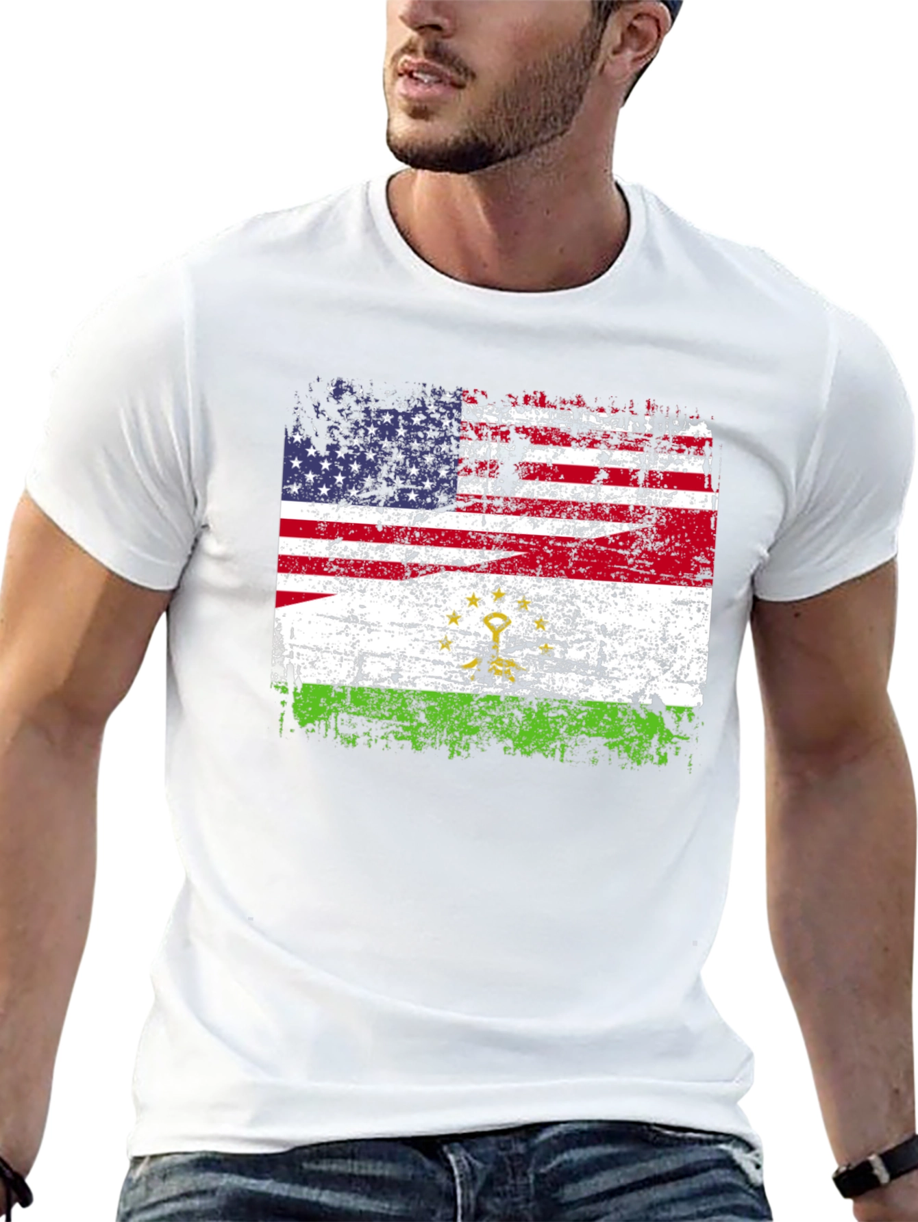 USA Tajikistan Flag Distressed T-Shirt