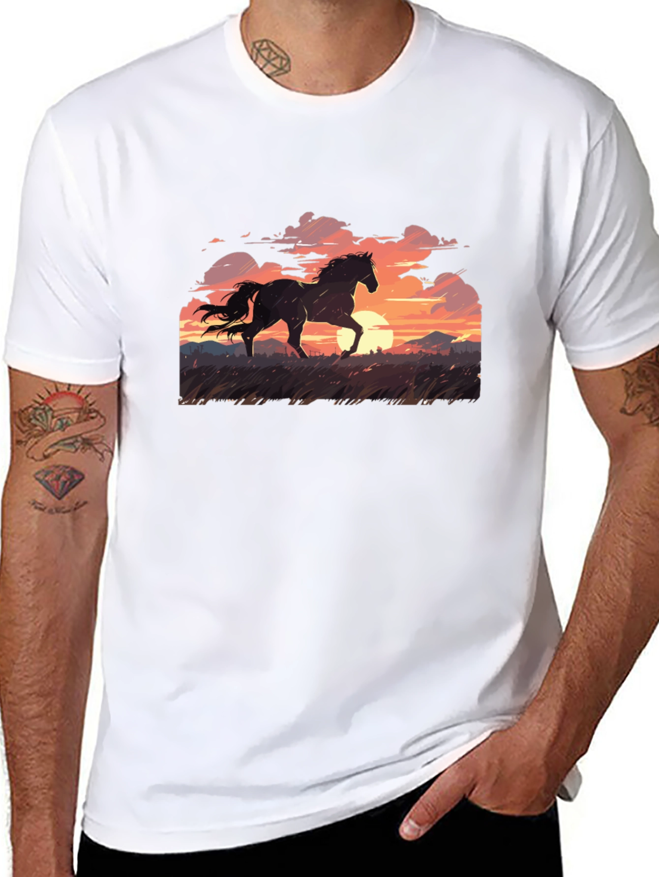Horse Sunset Graphic Print Mens Black T-Shirt