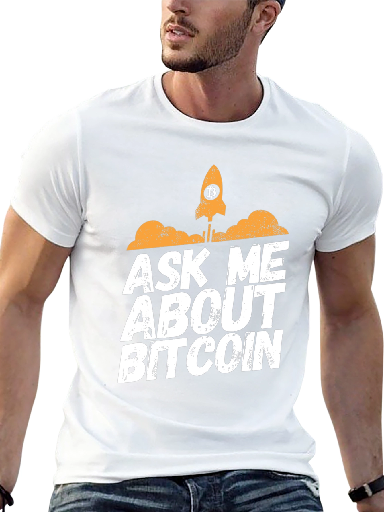 Ask Me About Bitcoin T-Shirt - Crypto Rocket Design