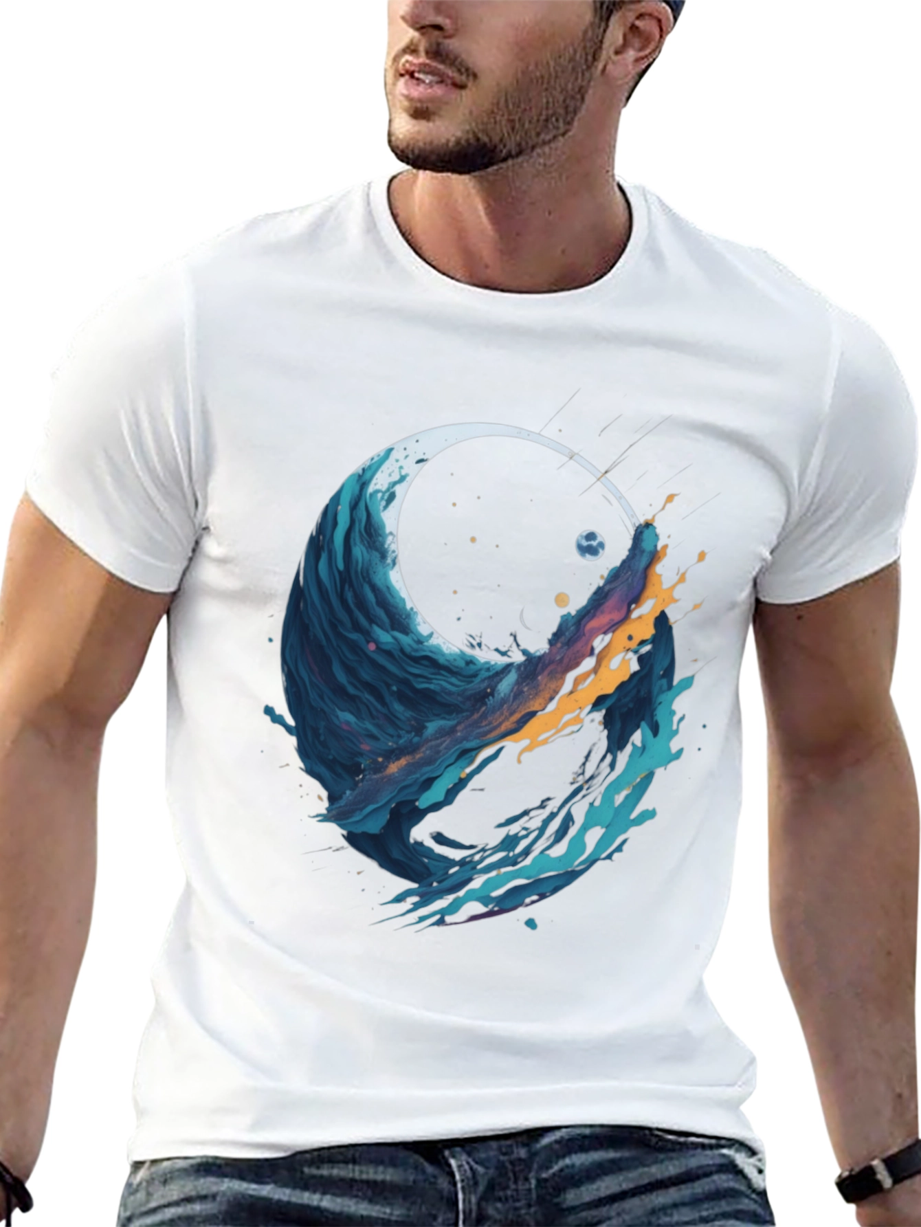 Abstract Wave Graphic Tee - Black Cotton Blend