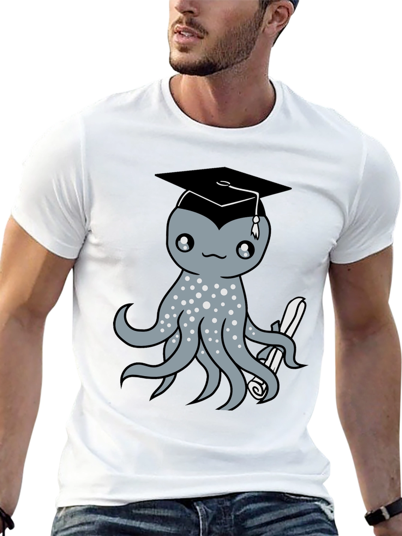 Graduation Octopus Graphic Tee - Black Cotton