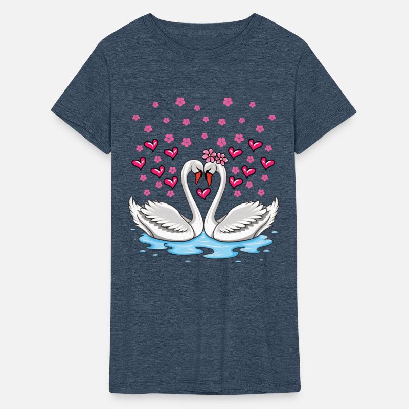 Swans in love accompanied by flowers and hearts
