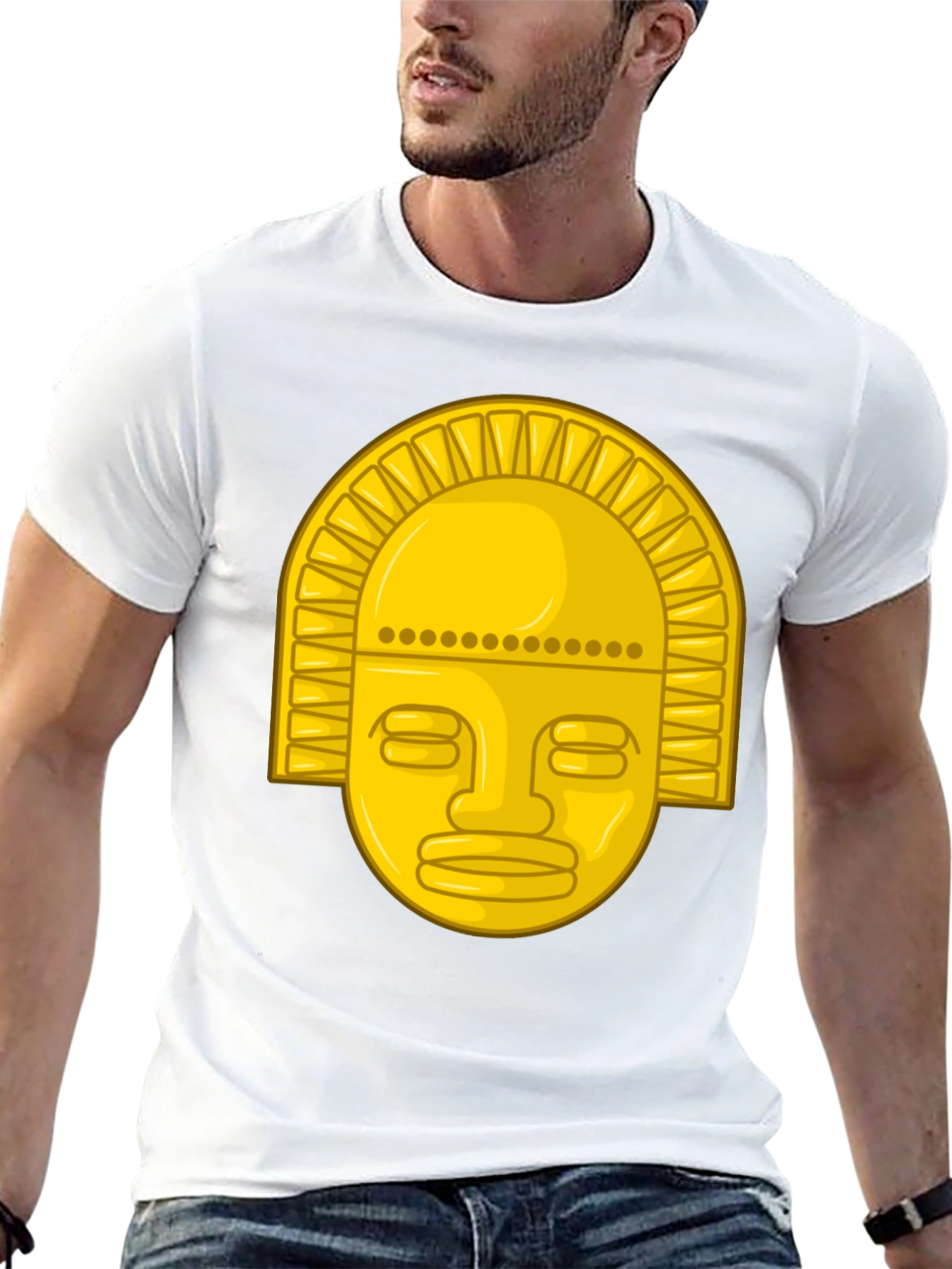 Golden Inca Mask Graphic Tee - Black Cotton T-Shirt
