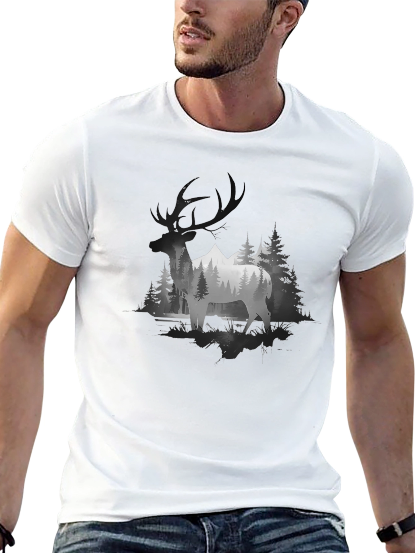 Elk Mountain Scene Graphic T-Shirt - Black