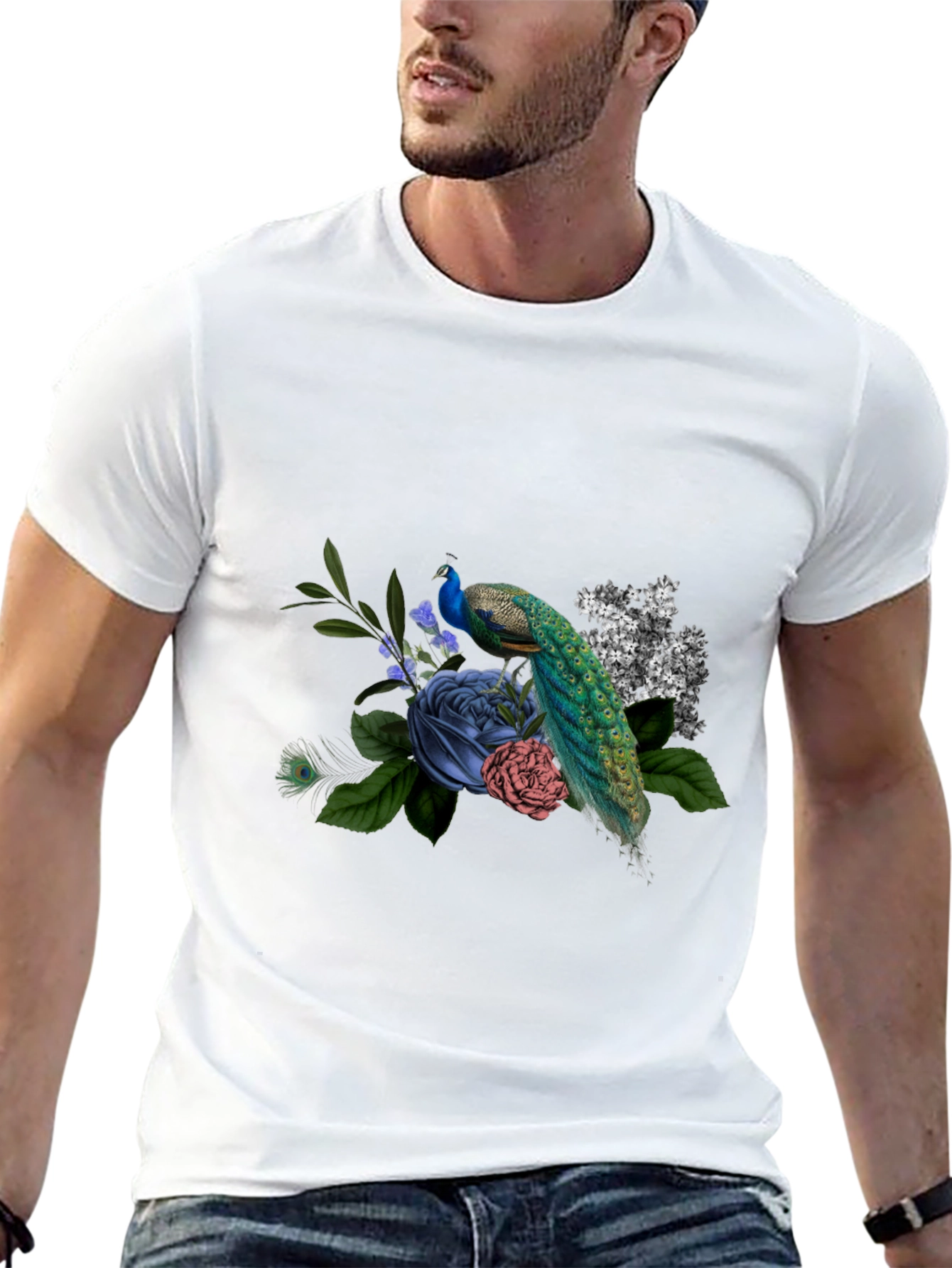 Peacock Floral Graphic Tee - Mens Black T-Shirt