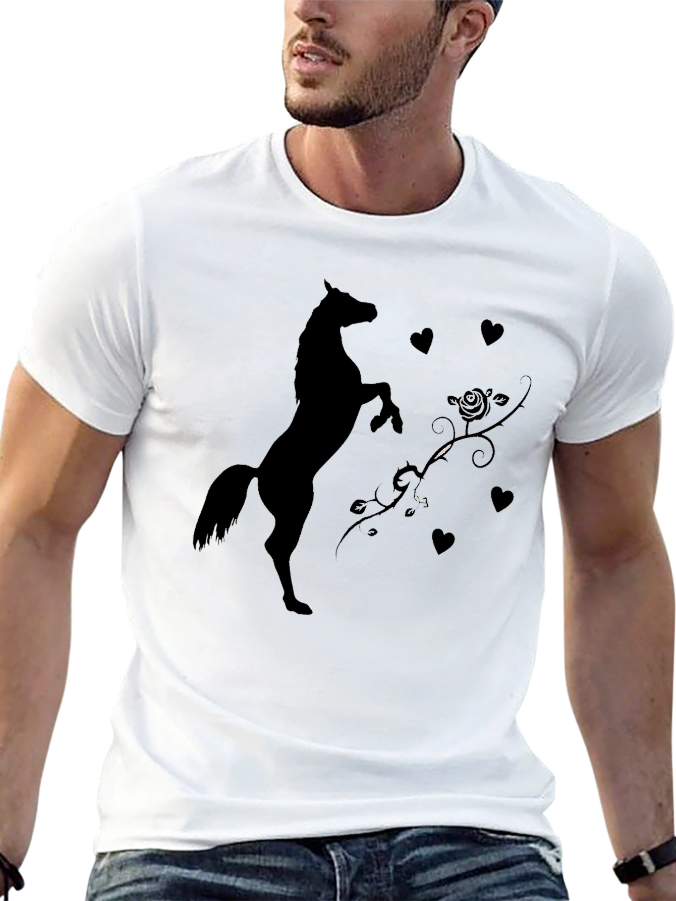 Black T-Shirt with Horse and Hearts Graphic