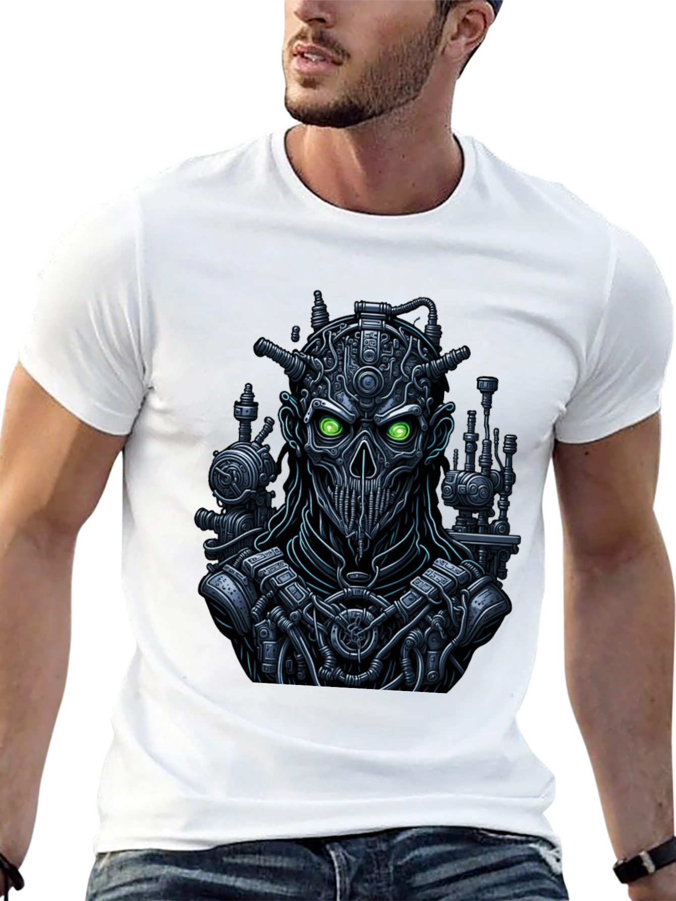Steampunk Robot Skull Graphic Tee - Black