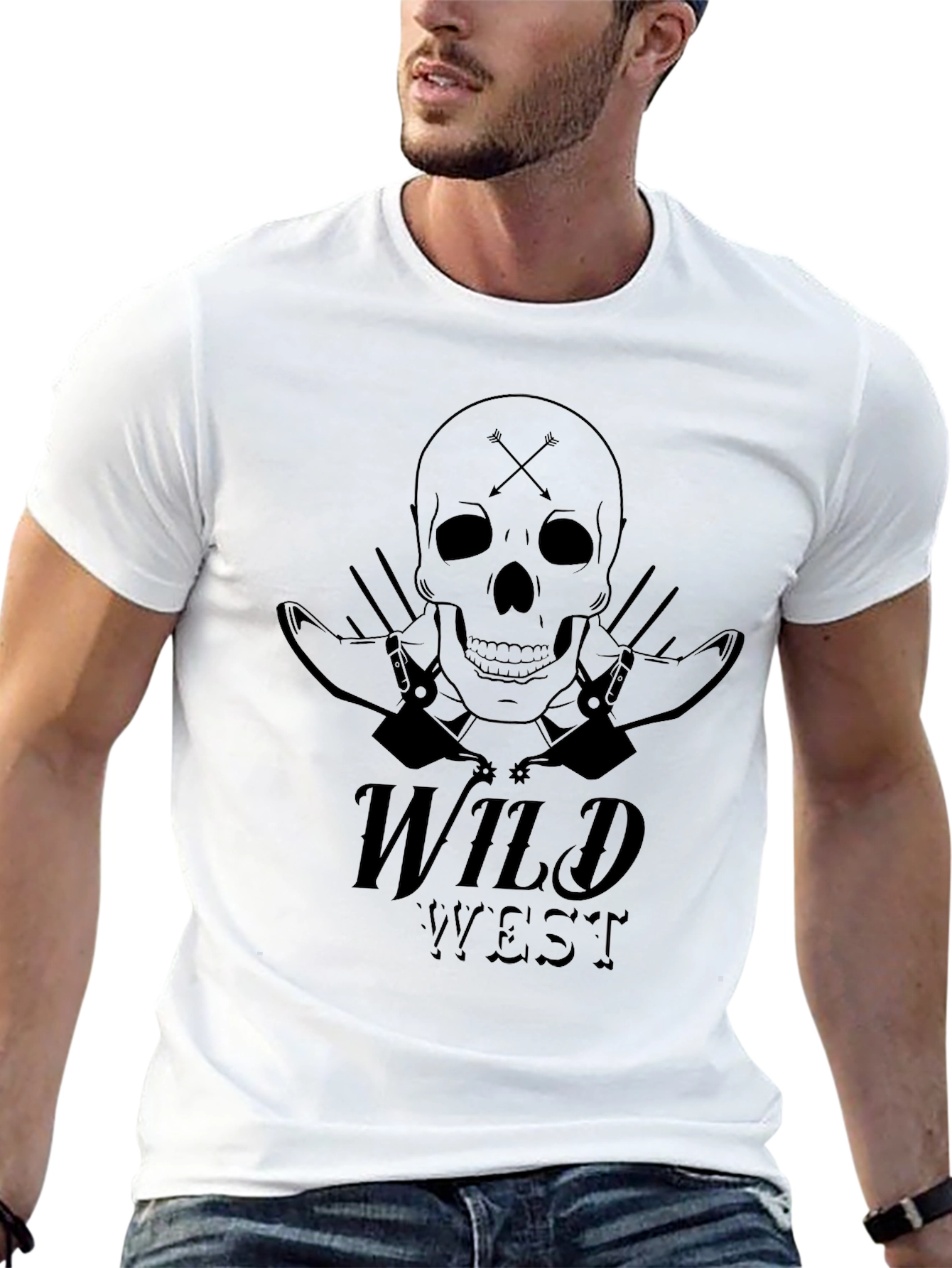 Wild West Skull Graphic Tee - Black Cotton T-Shirt