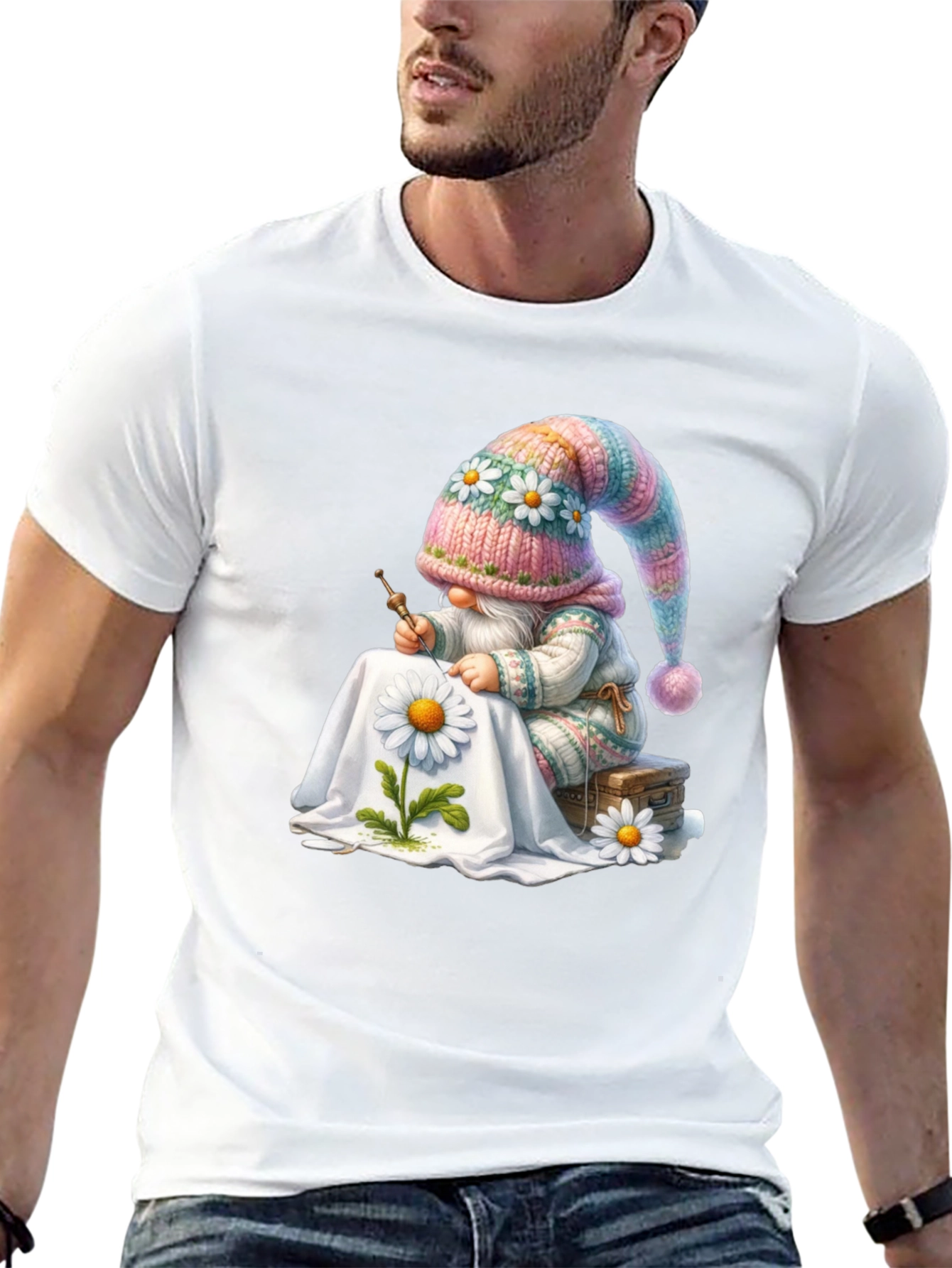 Whimsical Gnome Embroidering Daisy T-Shirt