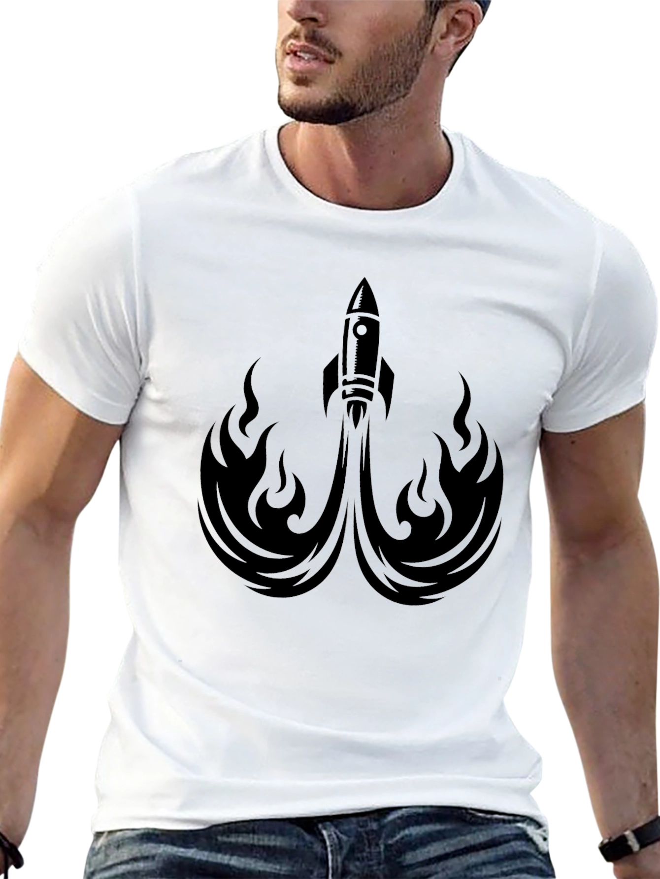 Rocket Launch Graphic Tee - Black Crew Neck Shirt