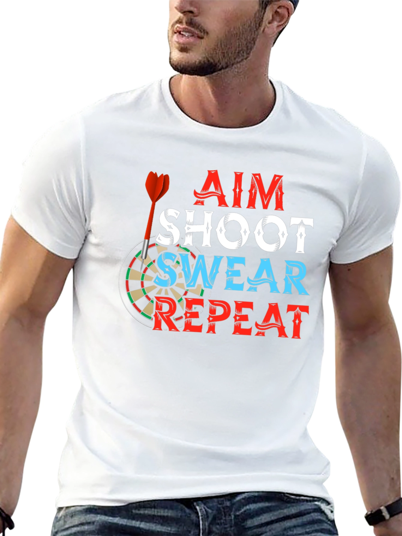 Aim Shoot Swear Repeat T-Shirt Darts Game Tee